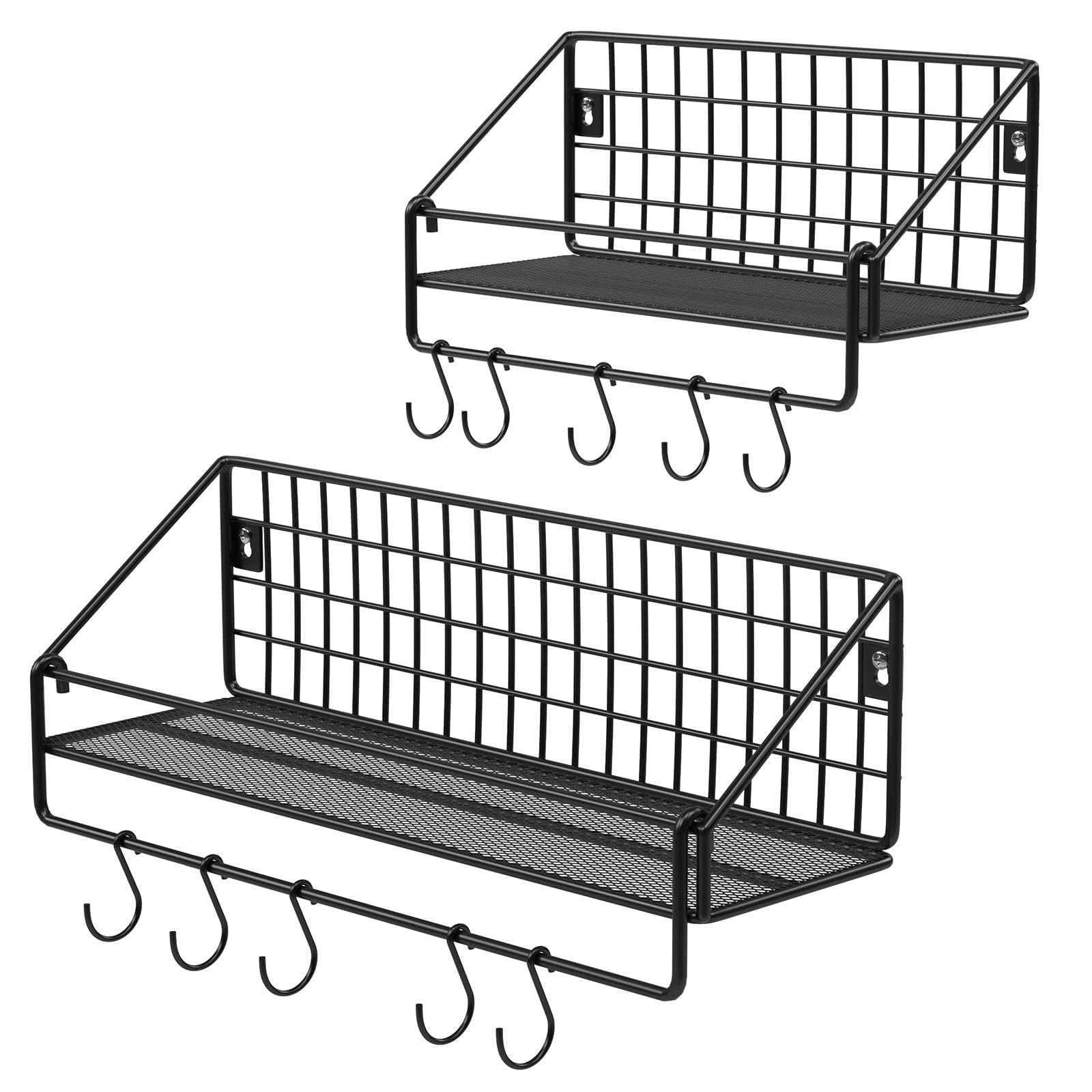 SONGMICS - Estantes de Pared, Estilo Industrial, Metal, Carga 15 kg/Estante, Lote de 2, con 10 Ganchos, para Dormitorio, salón, Cocina, 30 x 12 x 13 cm, 40 x 12 x 13 cm, Negro LFS02BK