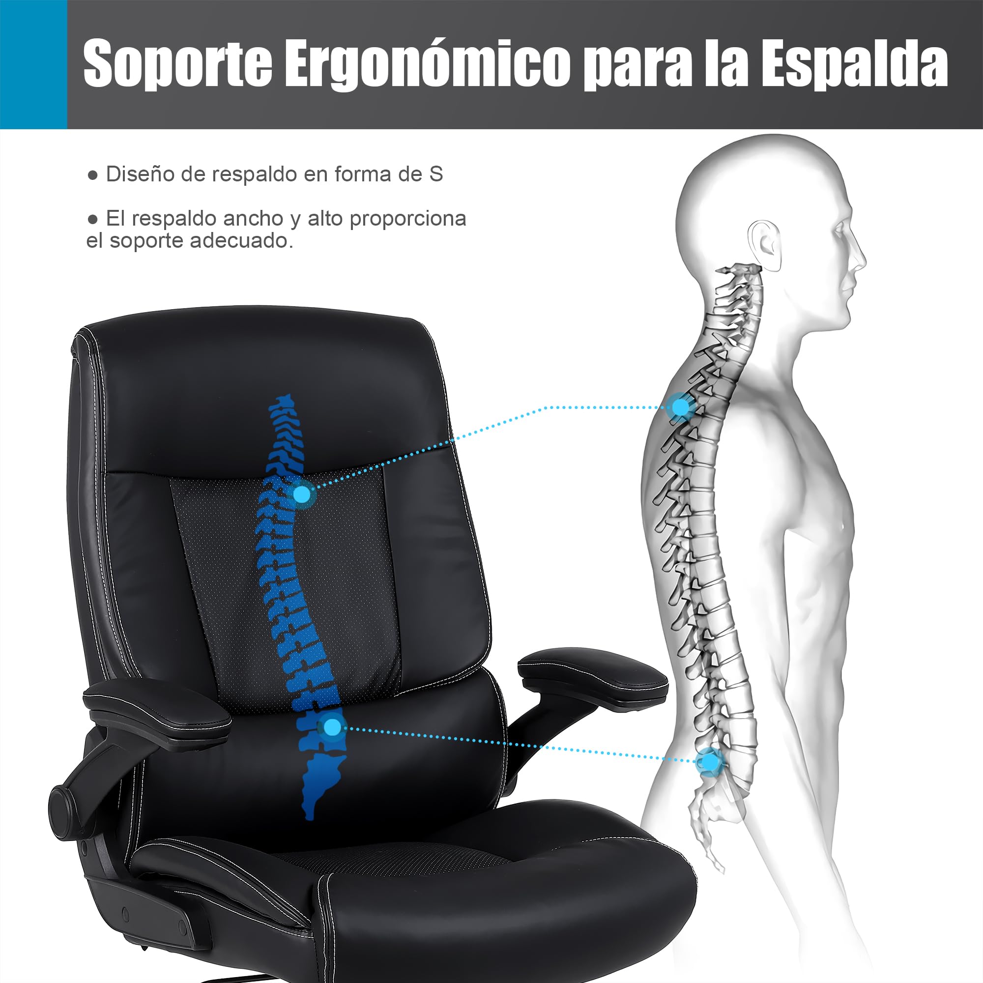 Youhauchair Silla Escritorio, Silla Oficina de 200 kg para Personas Pesadas, Silla Ergonomica Escritorio con Reposabrazos Abatibles, Sillas Escritorio de Cuero PU, Respaldo Alto, Negro