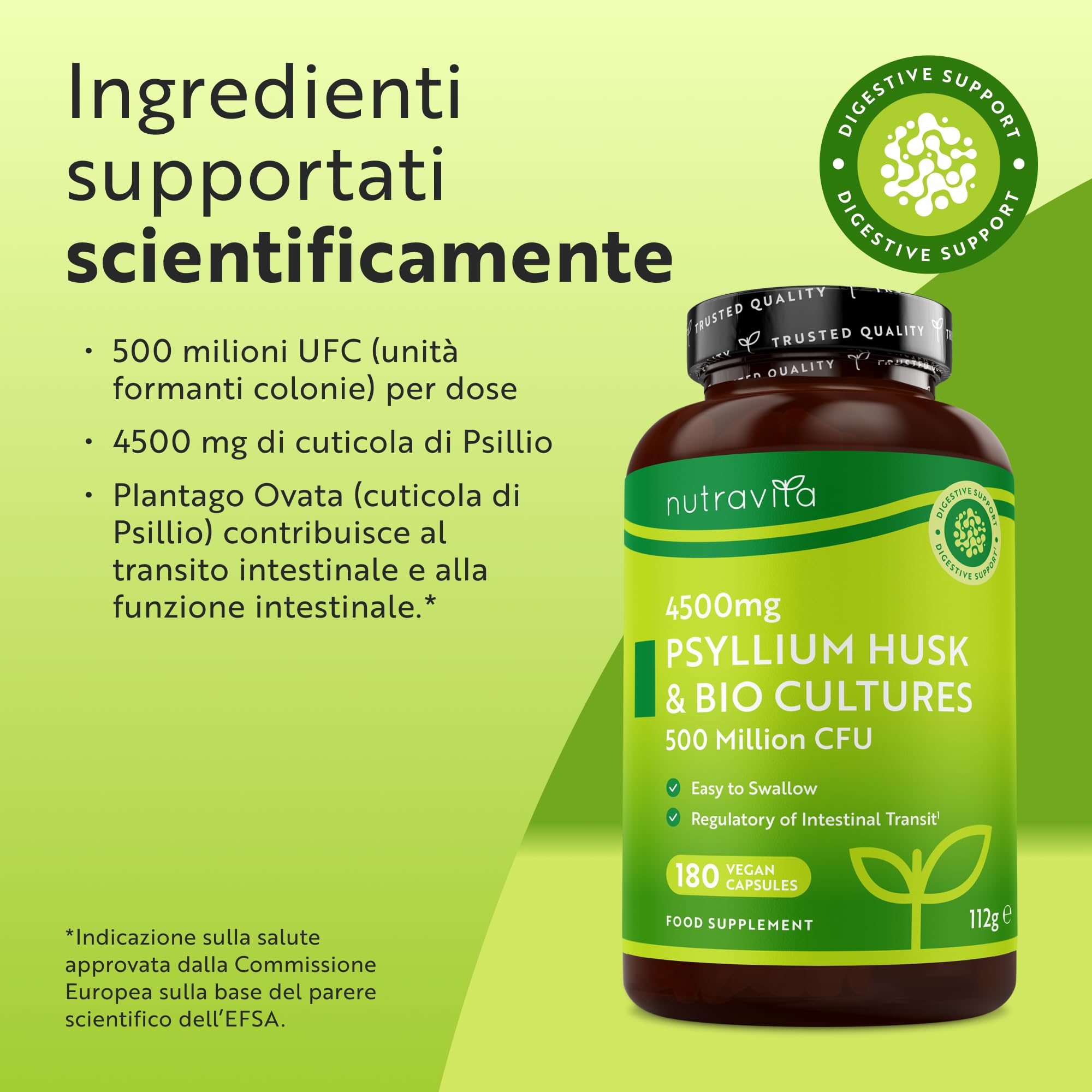 Nutravita Psyllium Husk 4500mg Vegan con 500 Milioni di CFU, Psyllium Husk Vegano, 180 Geluli di Bucce di Psillio - Integratore Alimentare Transito Intestinale (EFSA) Alternativa a Psyllium Polvere