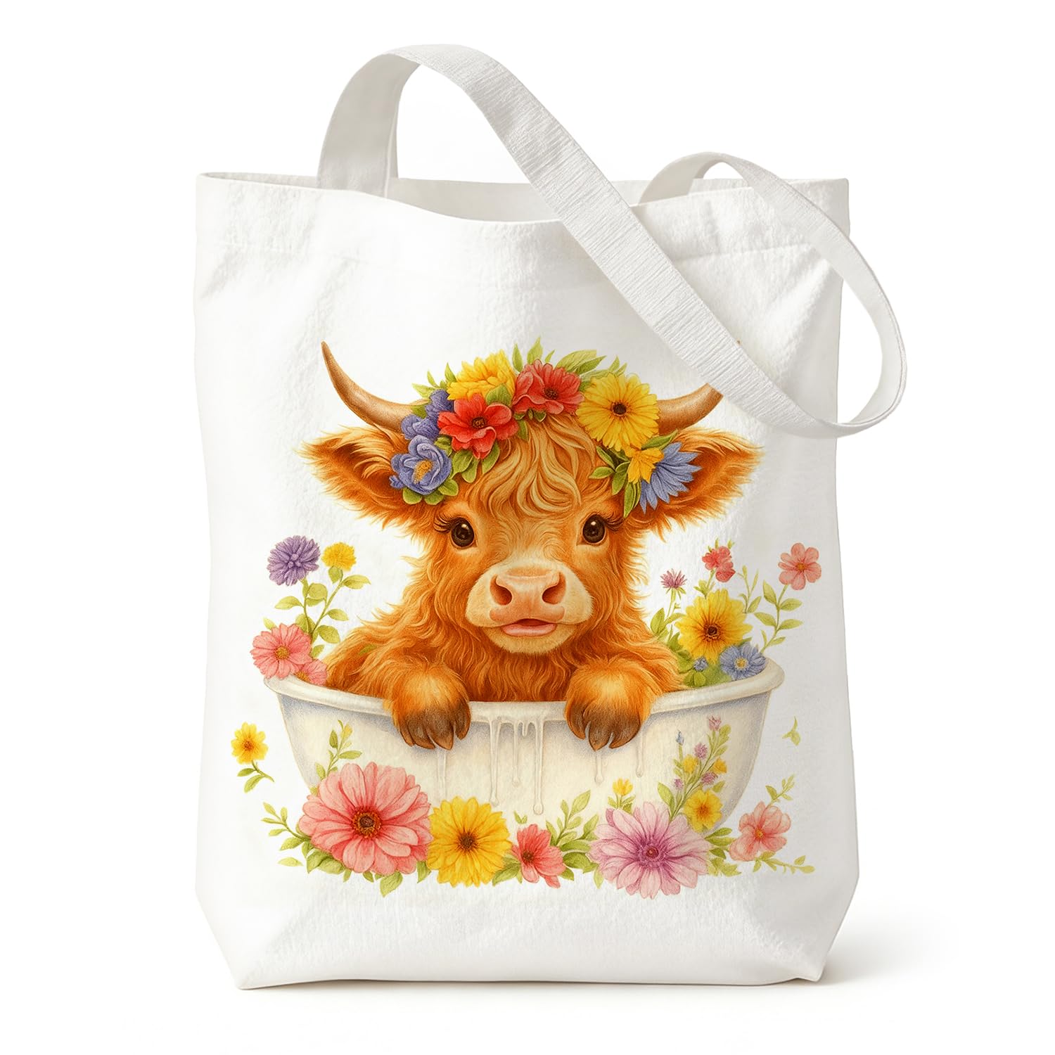 Highland Cow Canvas Bag Gifts for Women, Double-Sided Printed Highland Cow Bag, Reusable Canvas Shopping Bag for Women Men Animal Lovers, Canvas Tote Bag for Work Travel Grocery