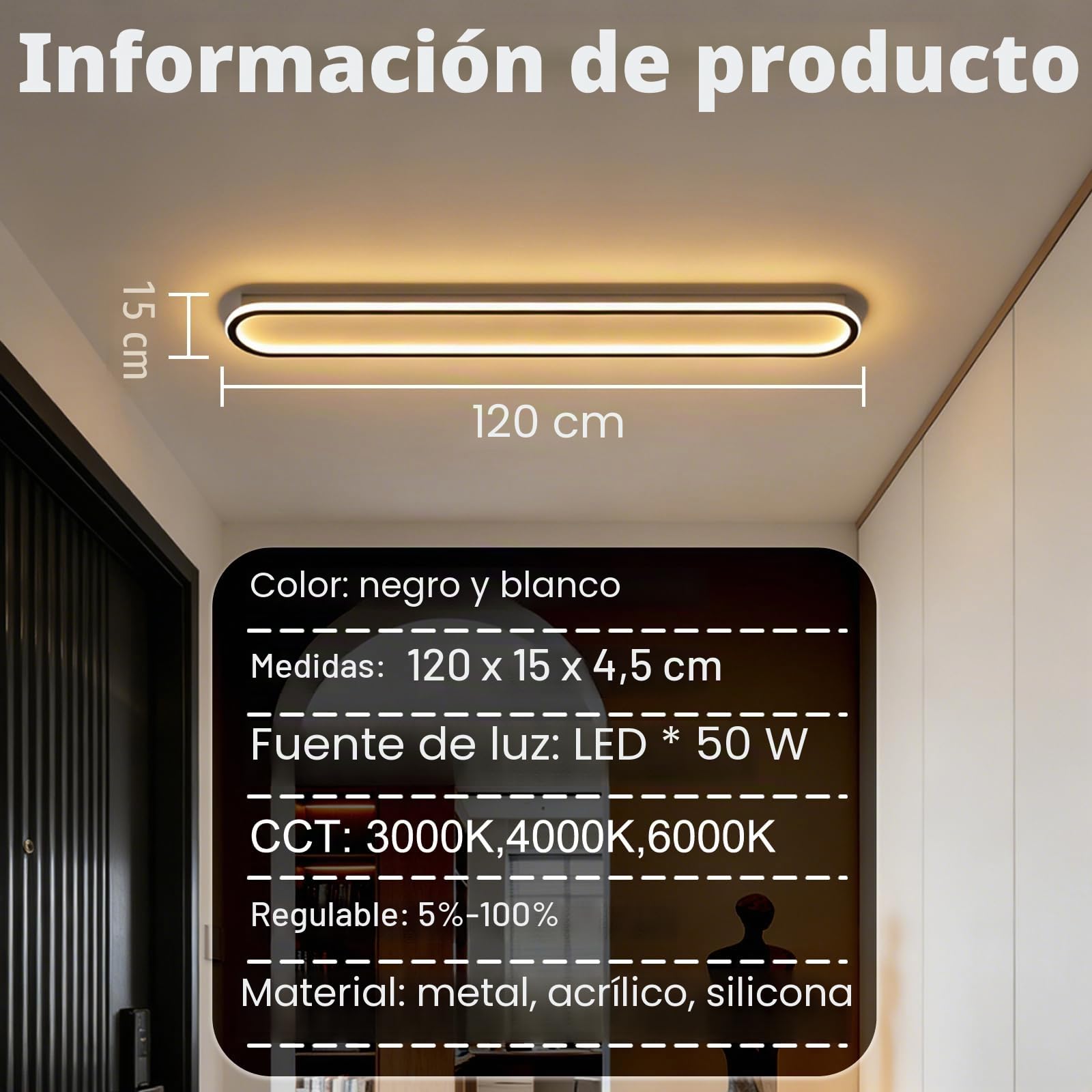 Plafón LED Techo 120 cm Regulable para Salón Cocina y Pasillo, Negro | Lampara Techo con Mando a Distancia, Luz 3000K-6000K, Cuerpo de Hierro con Difusor de Silicona, uso Interior Diario