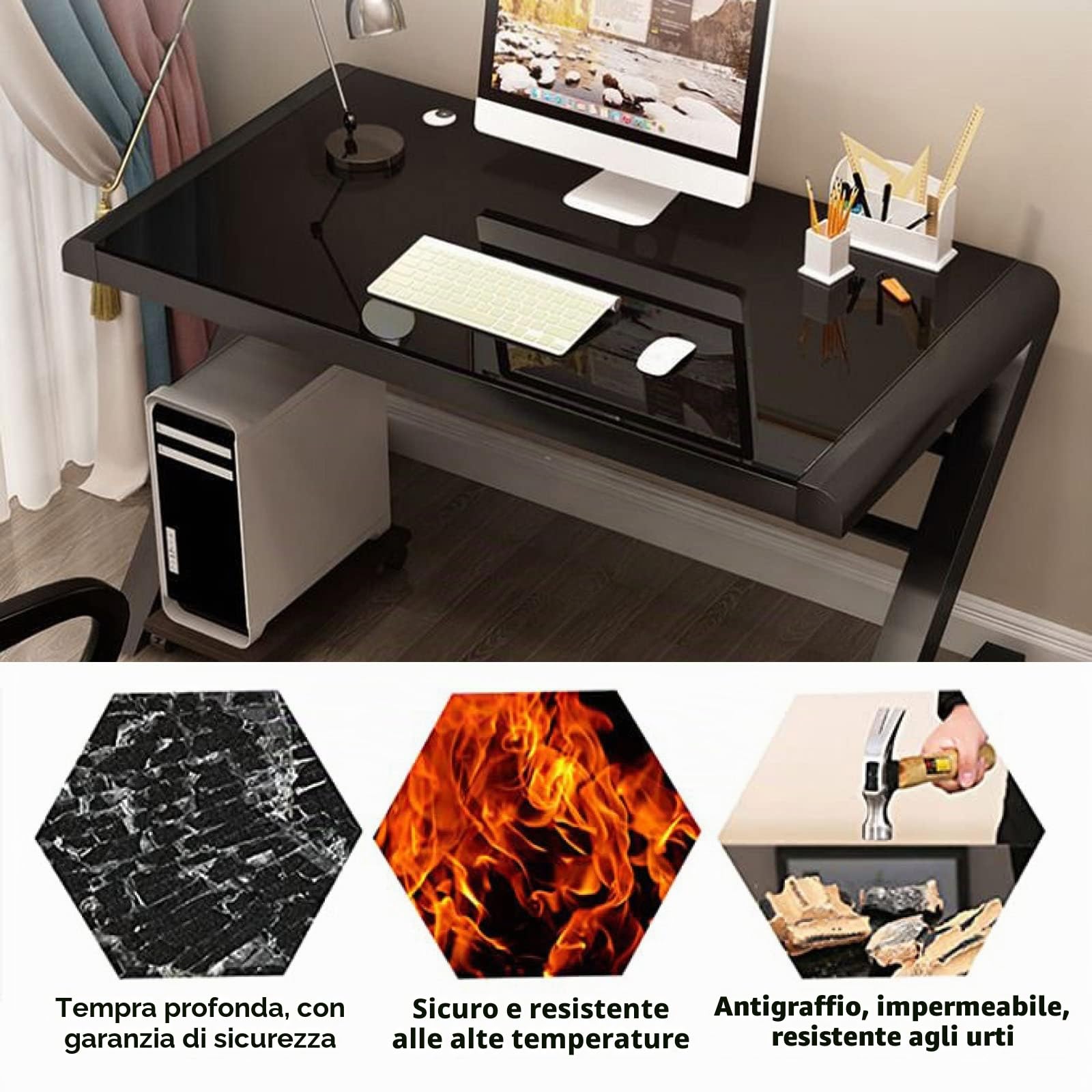 Scrivania per computer in vetro temperato, design moderno, telaio in metallo a forma di Z, ideale per casa, studio e giochi