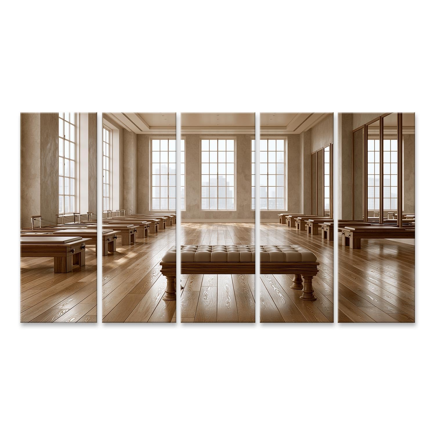 islandburner Quadro su tela, elegante studio di pilates per gli appassionati di fitness in soggiorno o palestra, 5 pezzi, XXL