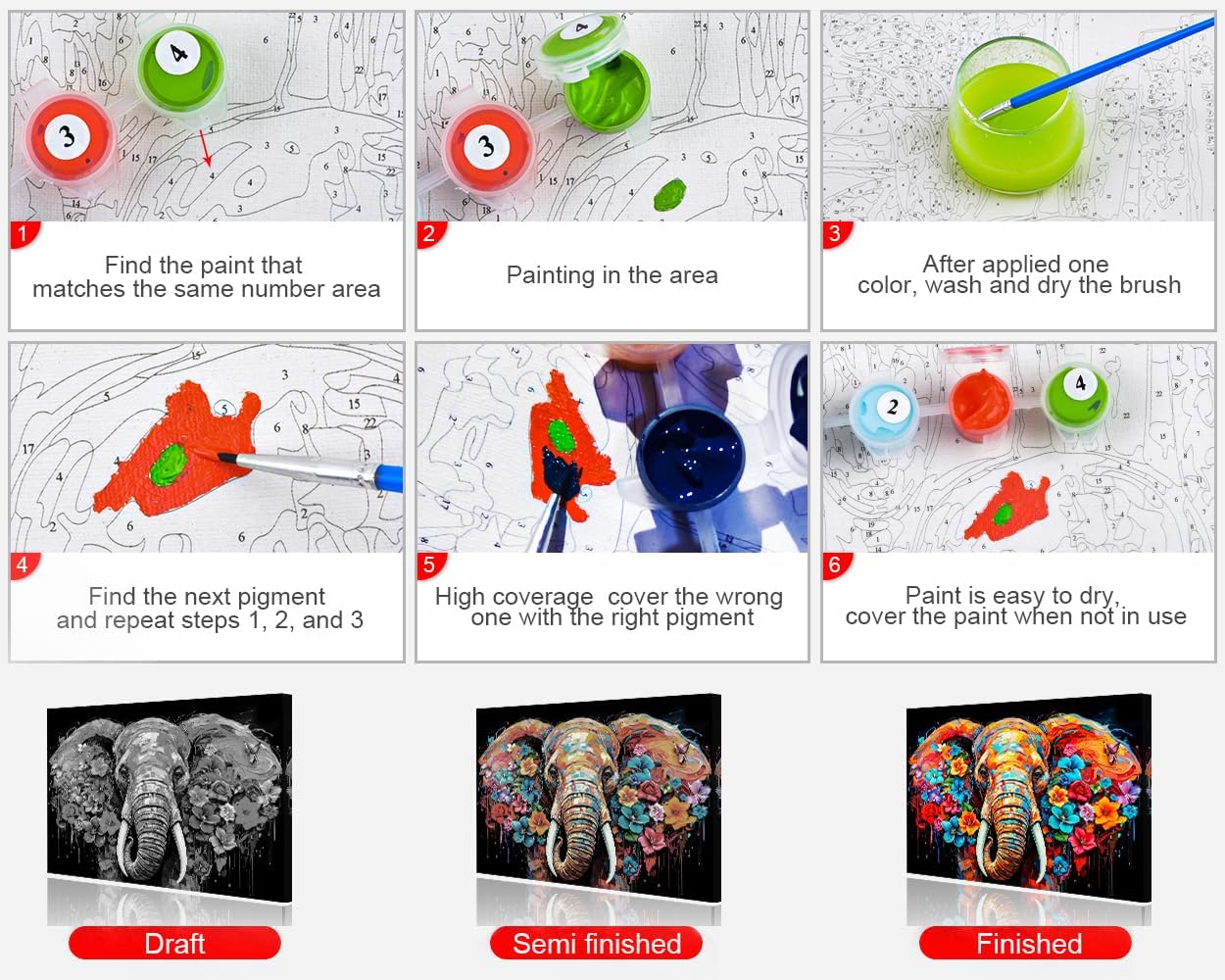 Paint by Numbers Kit for Adults Elephant Adults DIY Paint by Number Elephant Head Surrounded by Colorful Flowers Boho Arts Craft Paint by Numbers Kits Nordic Modern Home Wall Decor 16"x20" With Frame
