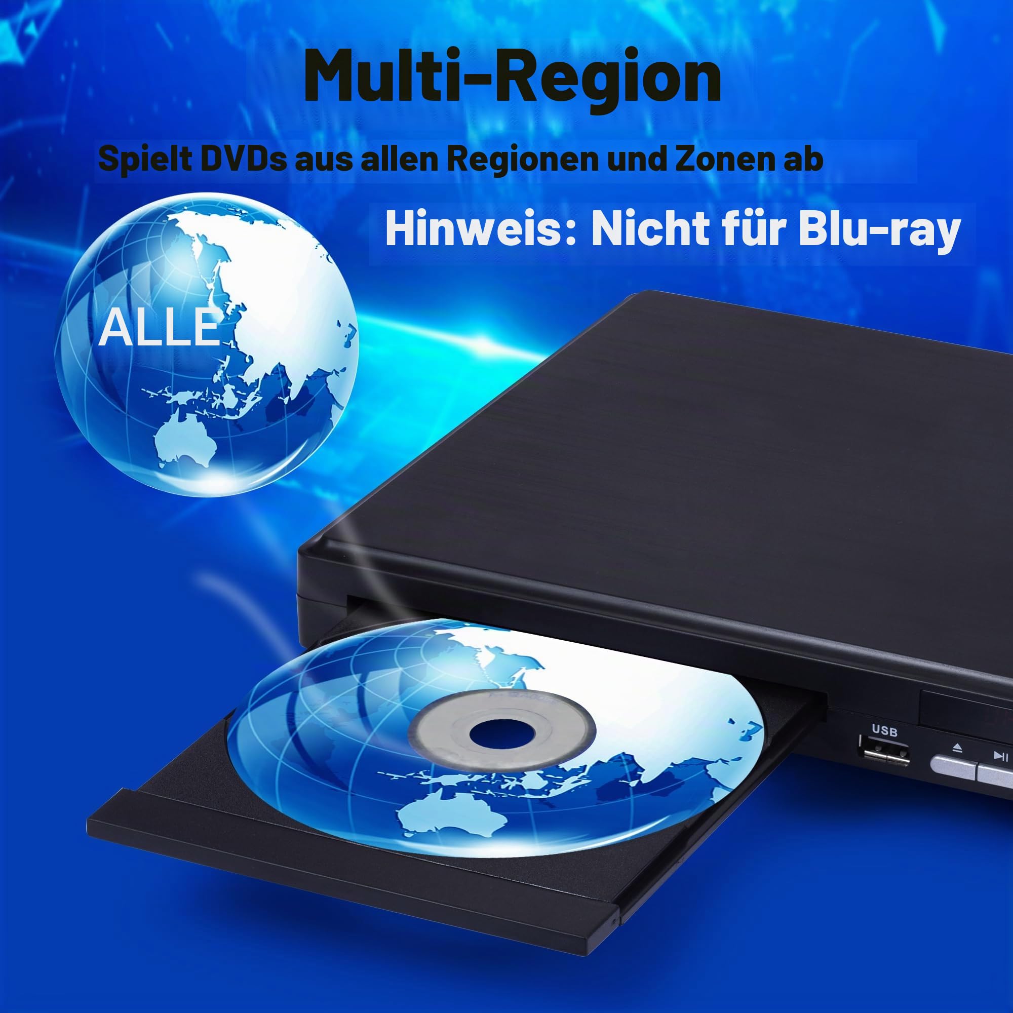DVD-Player für Fernseher, 1080P HD-DVD-Player für Zuhause, alle Regionen, kostenloser kompakter Mini-CD-Player mit HDMI- und AVI-Kabel, USB-2.0-Anschluss, Fernbedienung, integriertes PAL