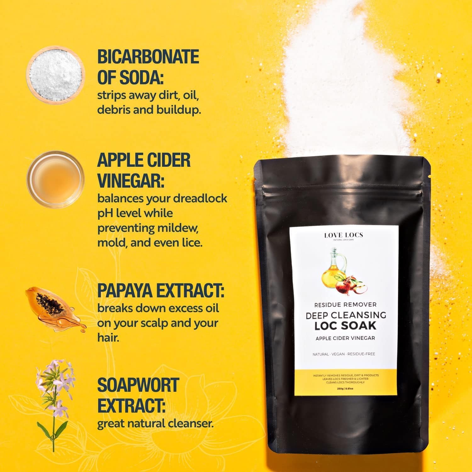 Love Locs Poudre Détox Dreadlocks au Vinaigre de Cidre de Pomme | Bain Détox Locks et Dreads | Nettoyant Clarifiant Cuir Chevelu | Soin Naturel Sans Résidus pour Dreadlocks