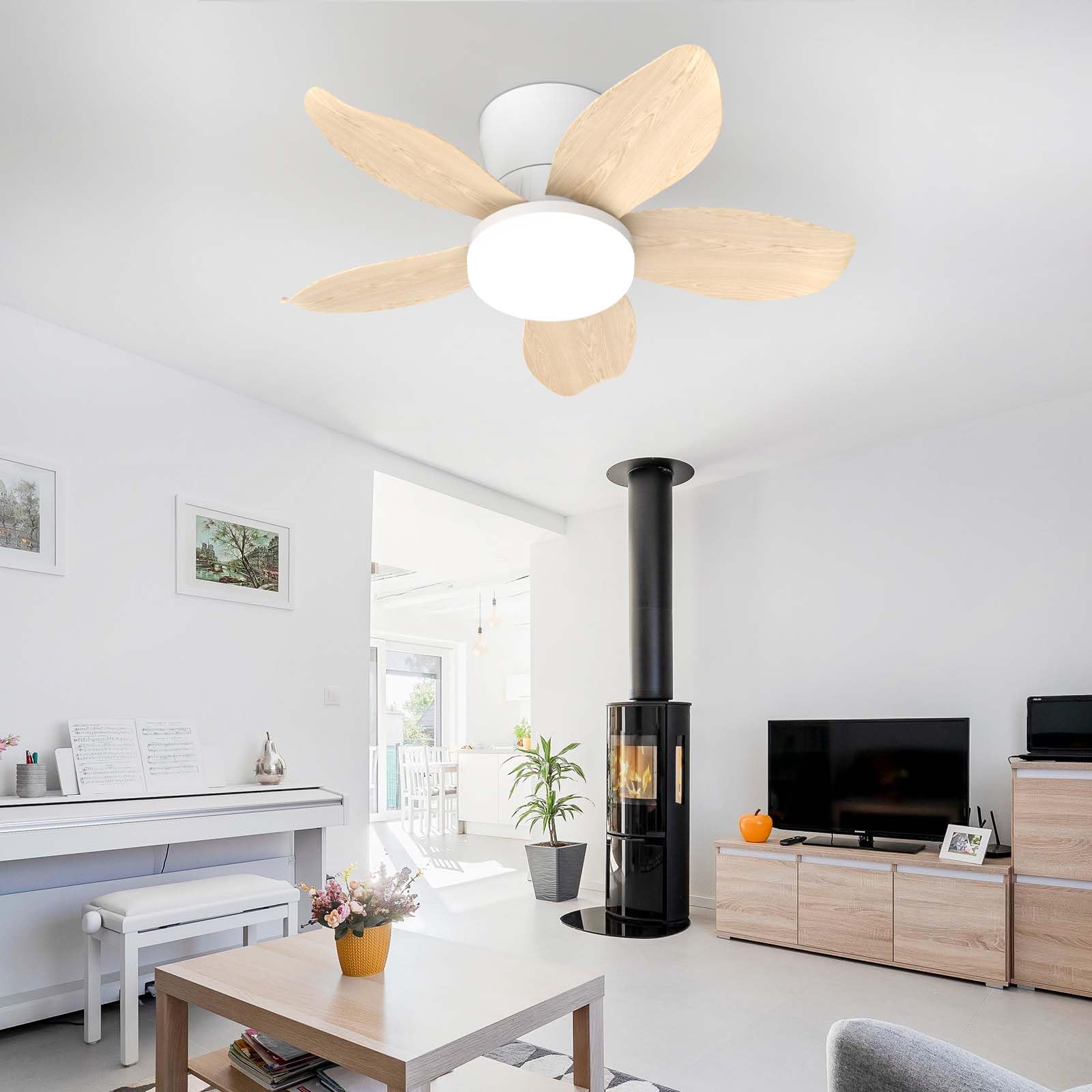 YFHKWJ Modern Ceiling Fan with Lights - Smart Dimmable LED Fan Light, APP Remote Control, 6 Speed & Timer, DC Motor, Summer-Winter Mode, 5 Blade Flush Mount for Bedroom, Dining Room-White Wood Grain