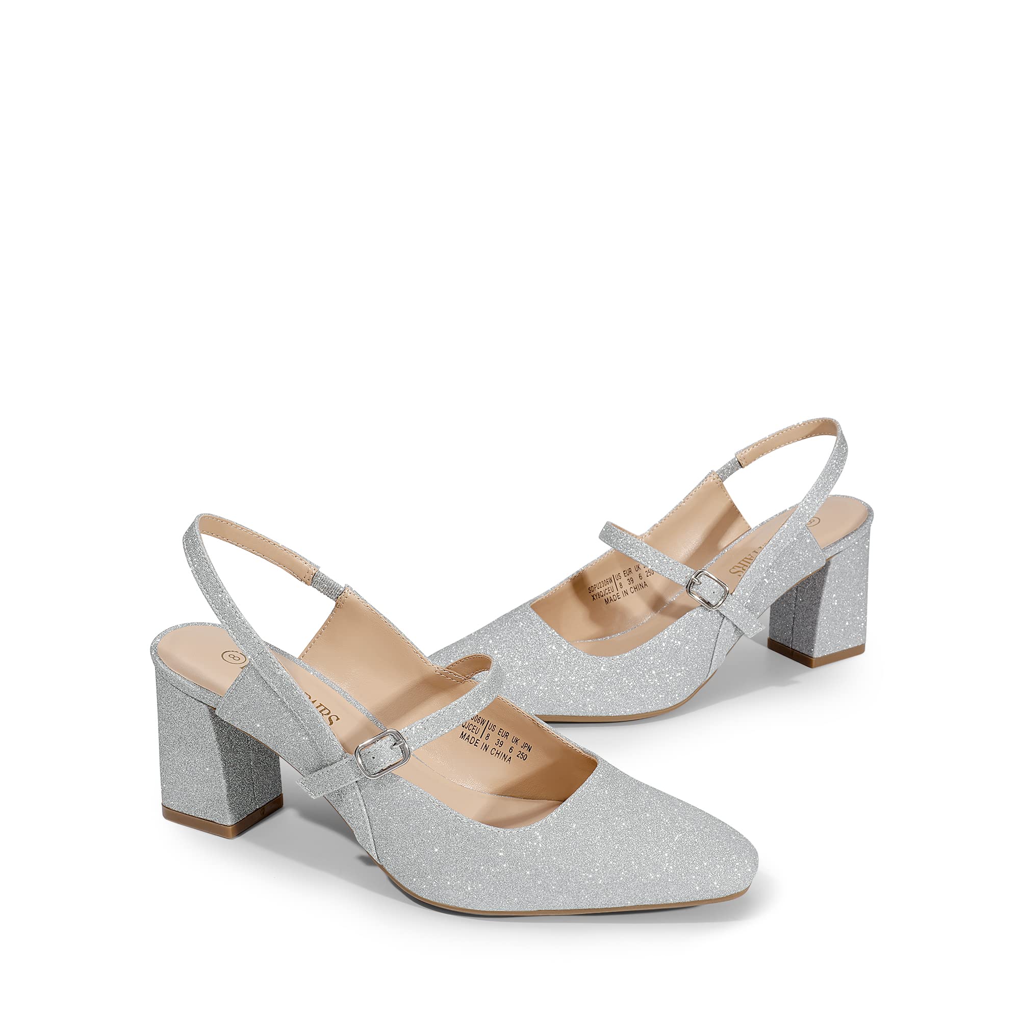 DREAM PAIRS Damskie zamknięte palce grube wysokie obcasy Mary Jane Block Square Toe Slingback Strappy Dress Work Pumps Shoes, Srebrny-brokat, 39 EU