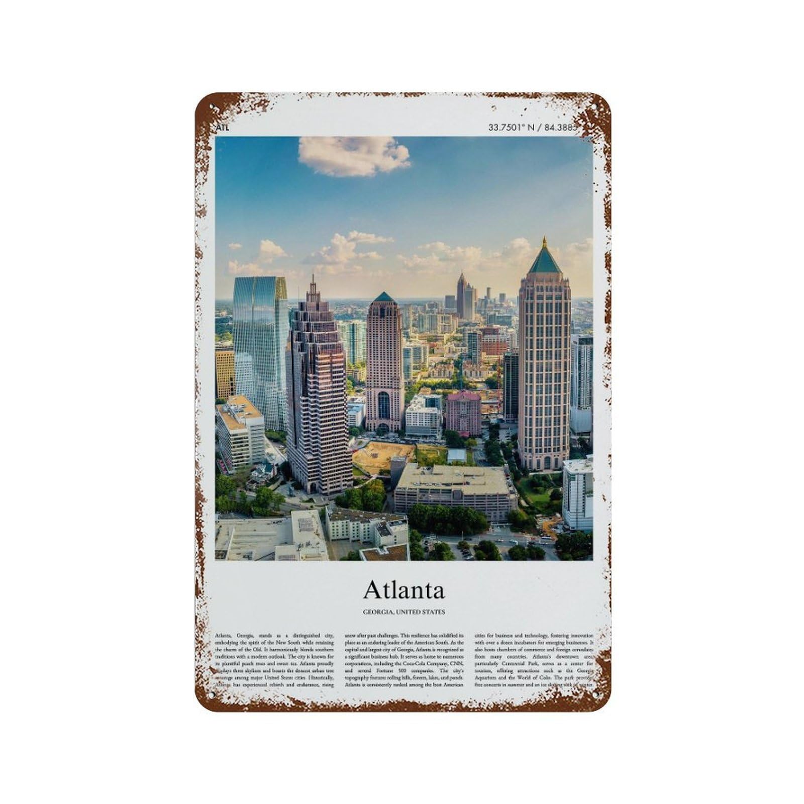 xiaoxiaoshen Atlanta Georgia, United States, USA City Scenery Wall Decor Art Metal Tin Poster Modern Home Decor Art Home Bar Shop Decorations Vintage Sign 30x20cm