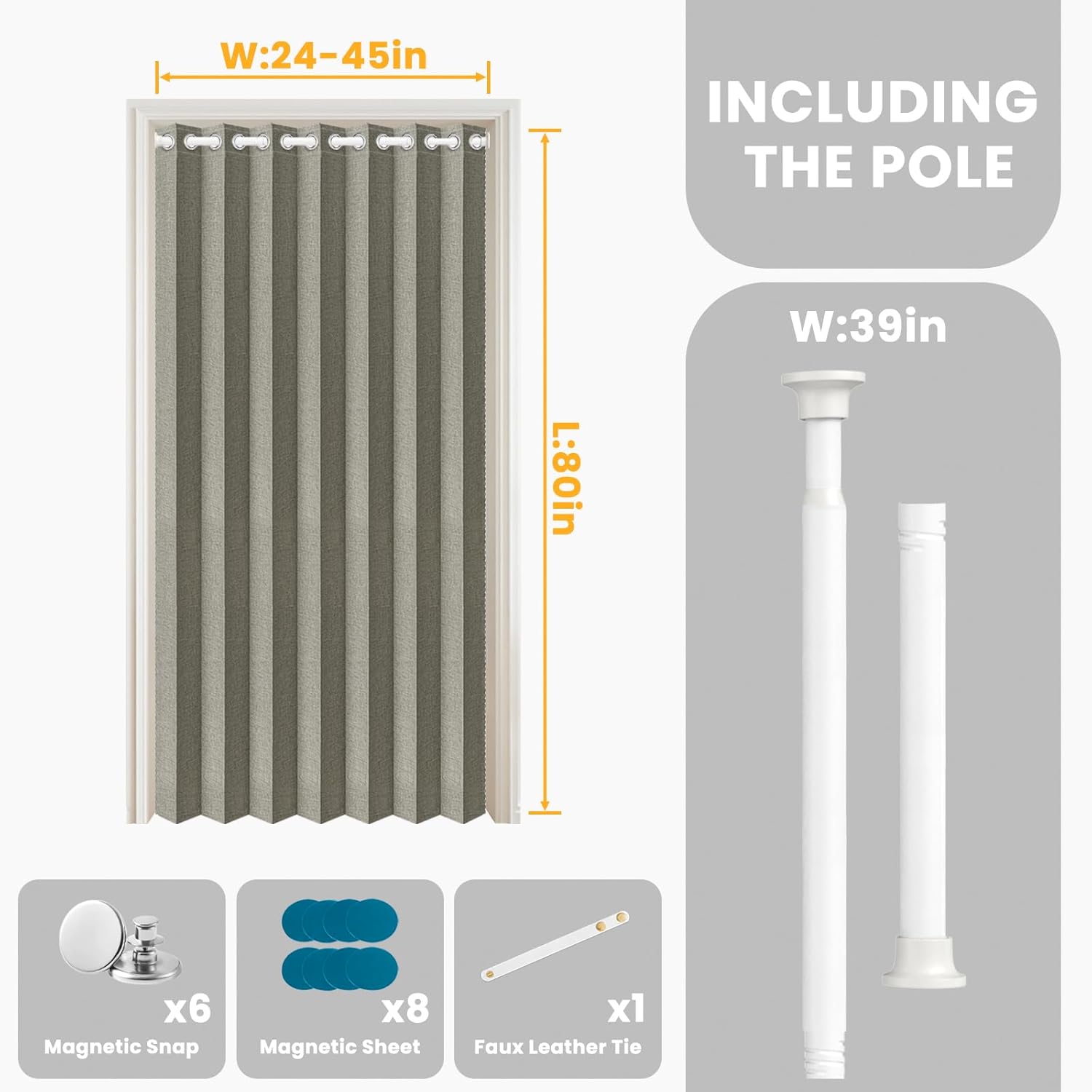 AJAZZ 100% Blackout Accordion Doors Interior Invisible Folding Door Magnetic Door Curtain for Bedroom Living Room Doorway Curtain Sets Included Rod, 1Pack, W45 x L80 Inch, Grey