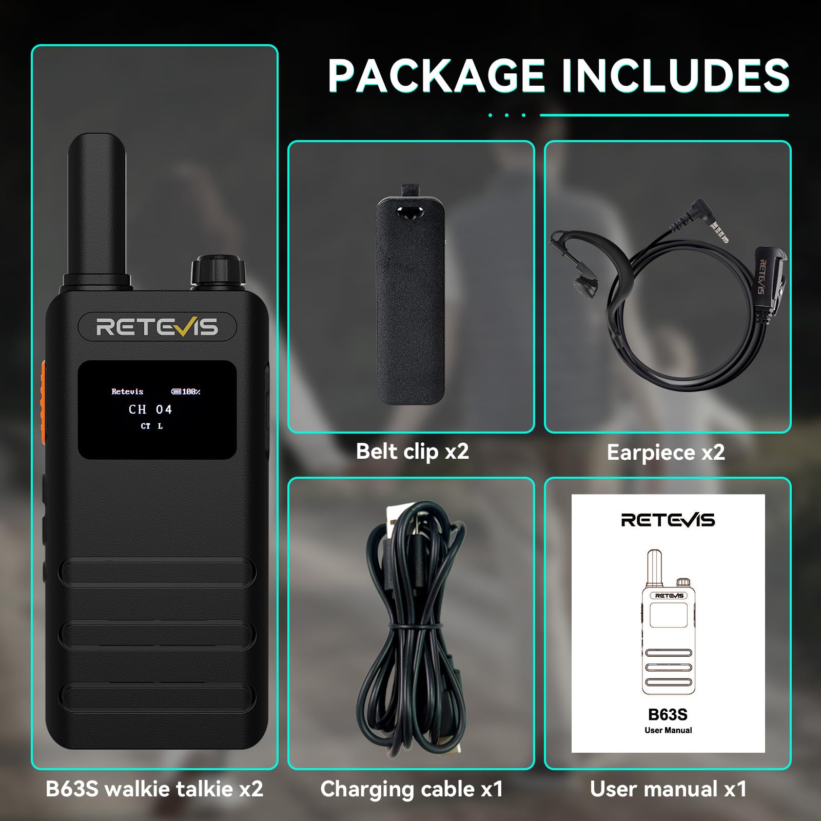 Retevis B63S Walkie Talkie Rechargeable, PMR446 15 mm Slim 2 Way Radio, New Version of RT622P (3.0), USB C, LCD Screen, VOX, 103g Handheld Professional Walkie-Talkie for Camping Family (2 Pcs, Black) — view 7