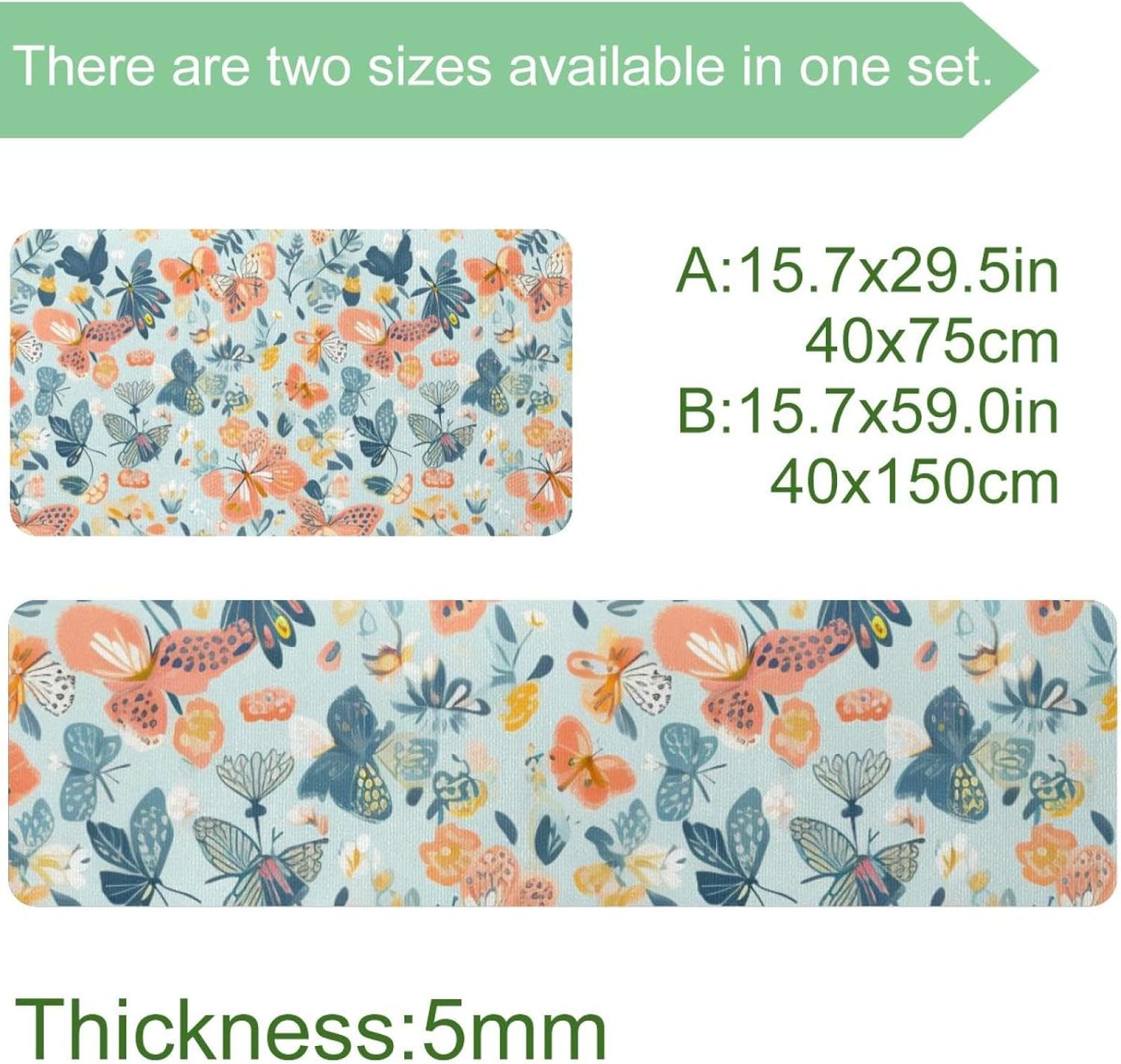Kitchen Rugs Cushioned Anti Fatigue Set of 2, Aesthetic Butterfly Absorbent Runner Rugs for Kitchen Floor Mats, Non Slip, Washable