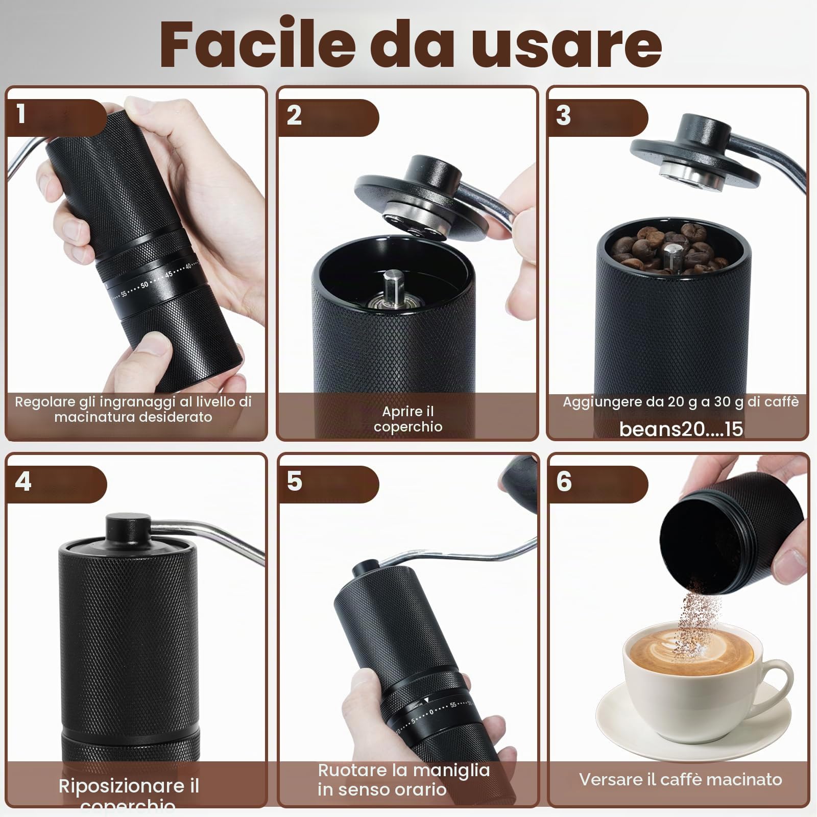 Macinacaffè manuale con 60 impostazioni regolabili, macinacaffè portatile a mano con capacità di 28g, macinacaffè manuale in acciaio inox con macine coniche per caffè in polvere per pressa francese