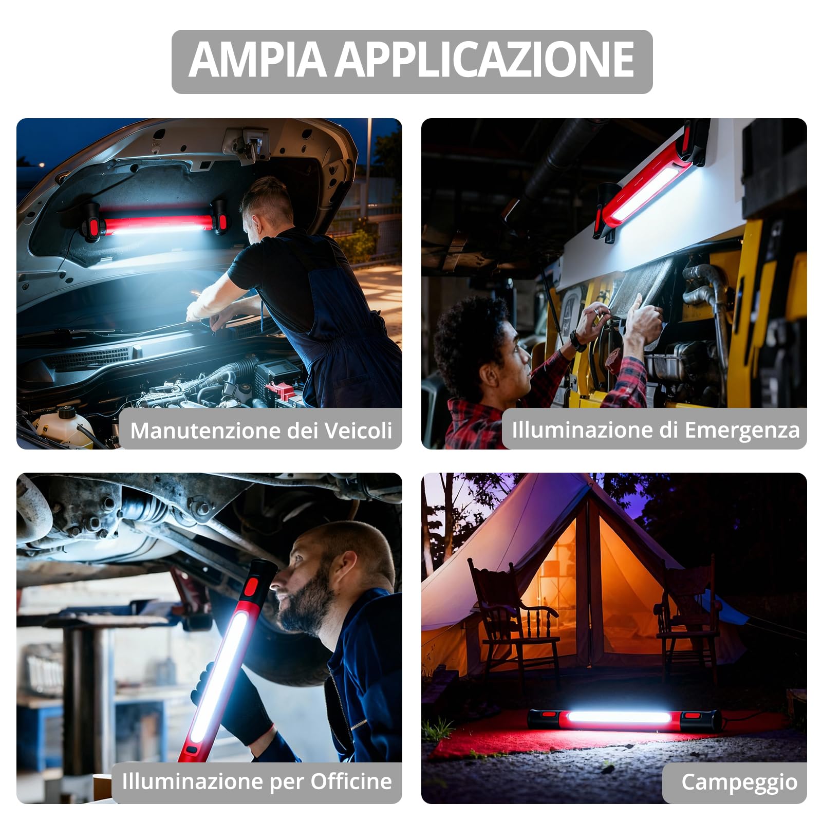 JUSTOOL Lampada da Lavoro LED Ricaricabile 6000 mAh 3000 LM Lampade di Ispezione con Magnetico e Gancio Lampada Girevole per Riparazione Automobilistica con 3 Modalità di Luminosità per Cappa Officina