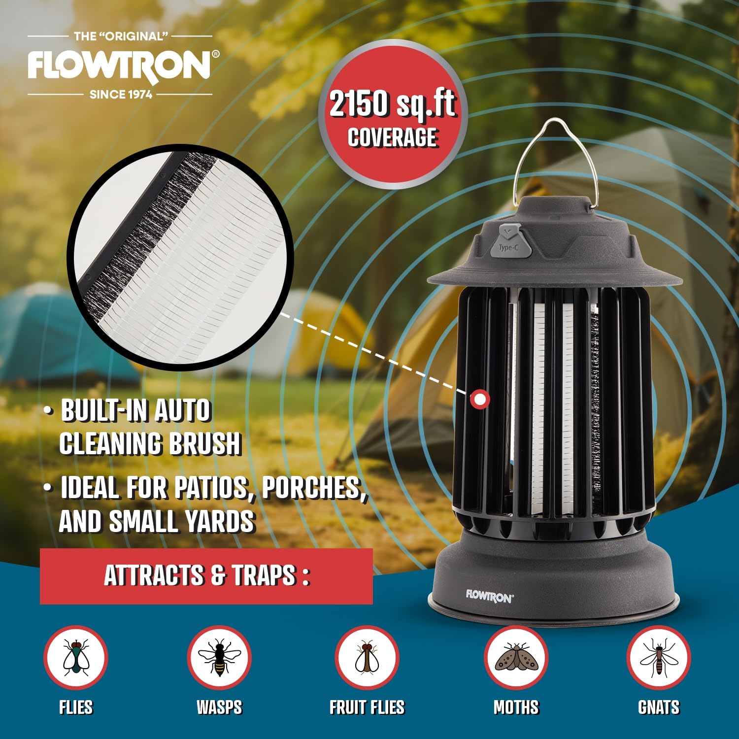 Flowtron Bug Zapper Lantern | 2-in-1 Electric Mosquito Killer & LED Camping Lantern, 2150 Sq Ft Coverage, 2000mAh Rechargeable Battery, Self-Cleaning Bug Zapper for Patio Outdoor & Indoor Use
