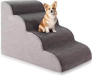 19.7H Curved Dog Stairs Ramp for Beds Couches, Pet Steps with Durable Non-Slip Washble Fabric Cover, Pet Stairs for Bed Climbing, Dog Steps for Small Dogs and Cats, 4-Tiers,Foam Density Upgraded