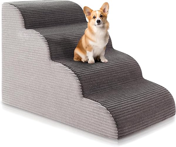 19.7H Curved Dog Stairs Ramp for Beds Couches, Pet Steps with Durable Non-Slip Washble Fabric Cover, Pet Stairs for Bed Climbing, Dog Steps for Small Dogs and Cats, 4-Tiers,Foam Density Upgraded