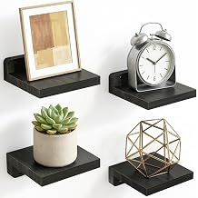 Fixwal Wall Shelves, 5x5 Inches Small Floating Shelf, Rustic Wood Wall Mounted Shelves for Bedroom, Living Room, Kitchen, Bathroom Decor Set of 4, Black