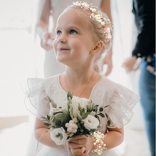 Miniatura 3 de Tocado de flores de perlas con ramillete de muñeca a juego para boda, niña de las flores, accesorios para fiesta de cumpleaños (estilo rosa)