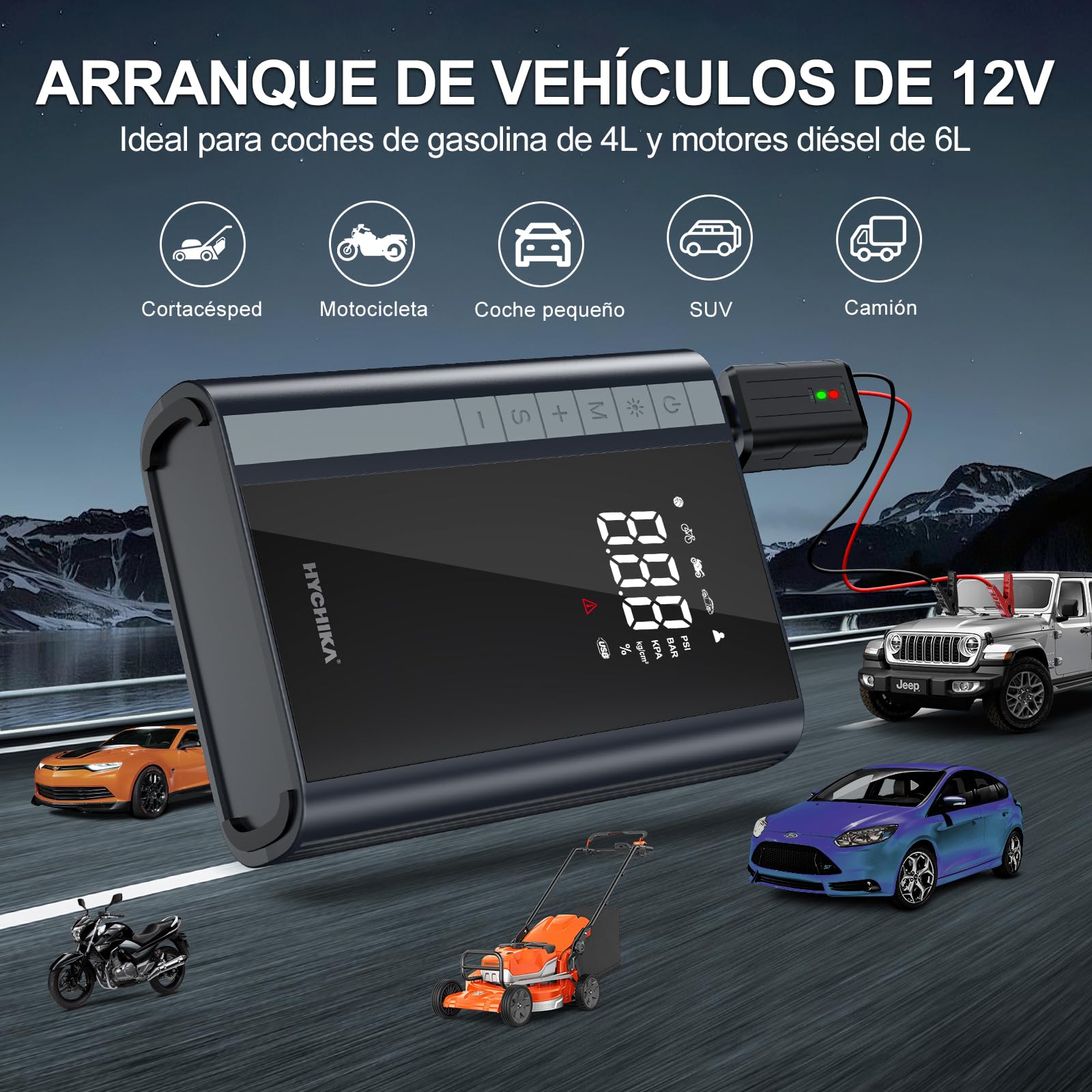 HYCHIKA Arrancador de Coches - Arrancador de Baterias de Coche con Compresor de Aire Carga Rápida/Luz LED de 600 lúmenes(para 6L Gas o 4L Diesel) 1500A 12V Jump Starter