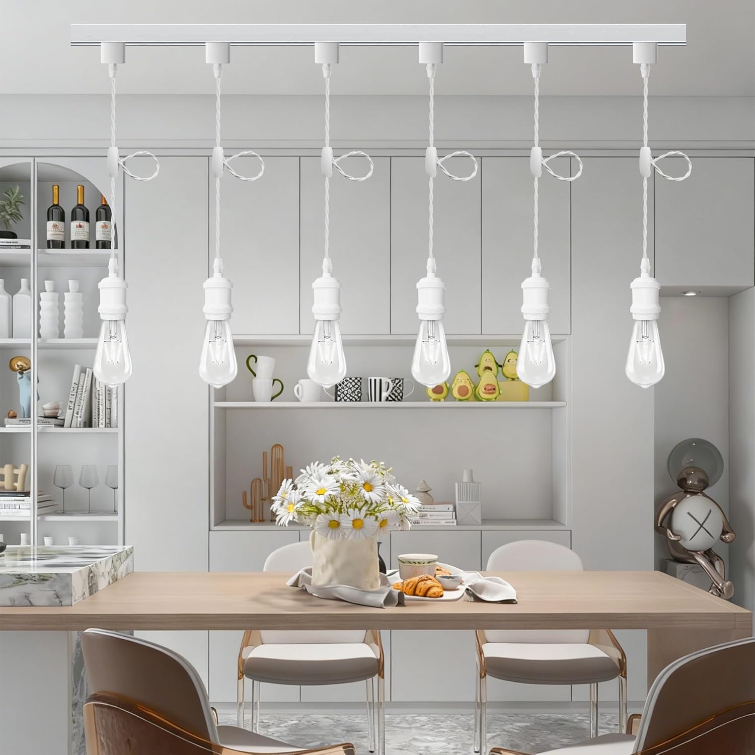 Universal H-Type Modern Pendant Track Lights Kit with 6 Bulbs,6-Pack White Track-Mounted Hanging Fixtures 4000K Natural Light Bulbs, E26 Socket for Kitchen Island and Dining Room