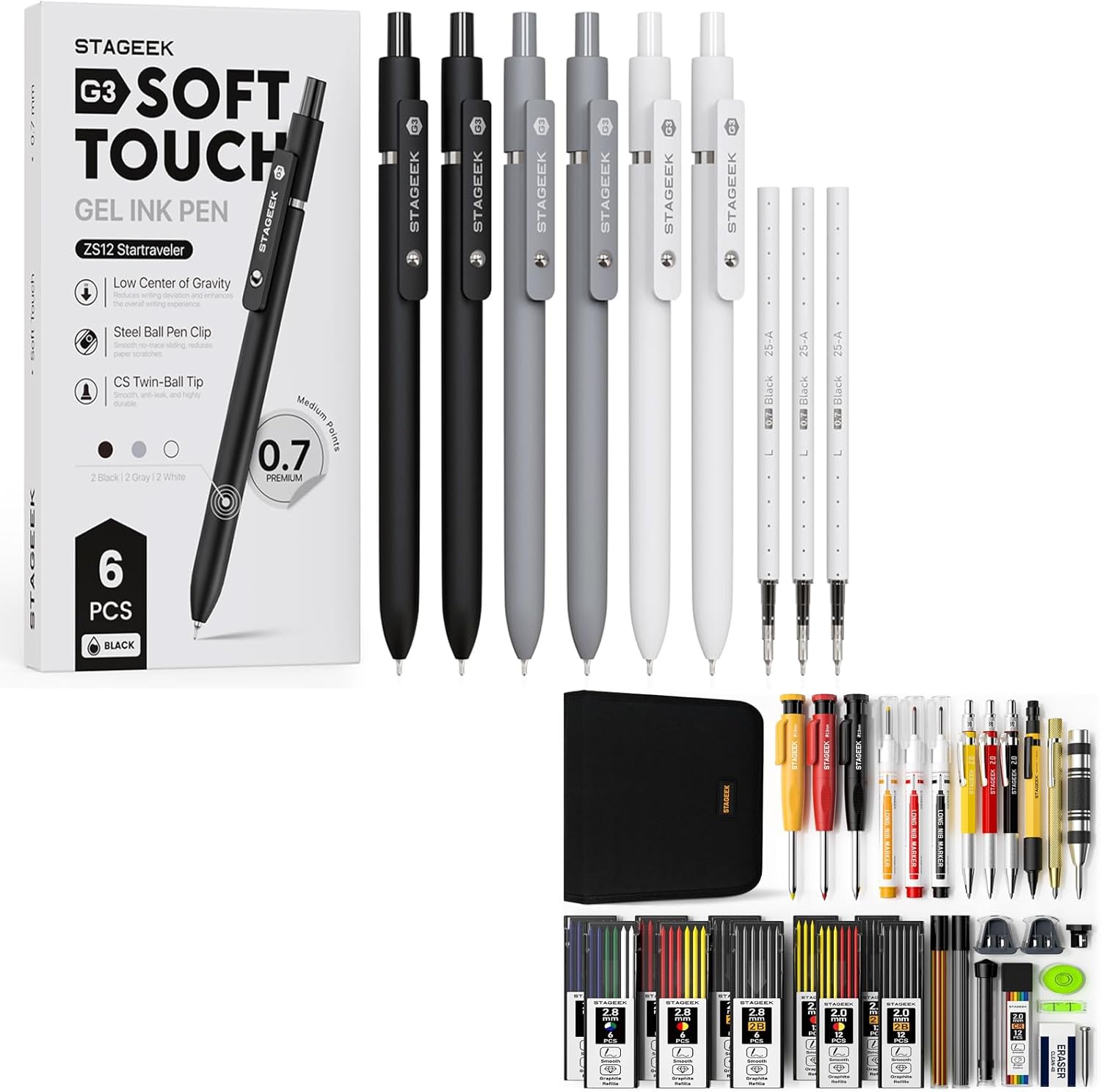 6Pcs Black Gel Pens + 34 Pcs Carpenter Pencil