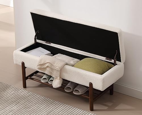 Miniatura 7 de Shunzhi Banco de entrada moderno tapizado con tapa abatible, banco otomano de sherpa, banco otomano con marco de maderaestante para sala de estar,