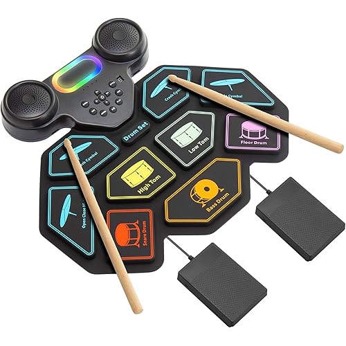 2025 Upgrade Electronic Drum Set 9-Pad Roll-Up – Portable Silicone Drum Kit with 2 Pedals, Built-in Speakers, MIDI & Headphone Jack – Ideal for Practice & Travel (Drum pattern)
