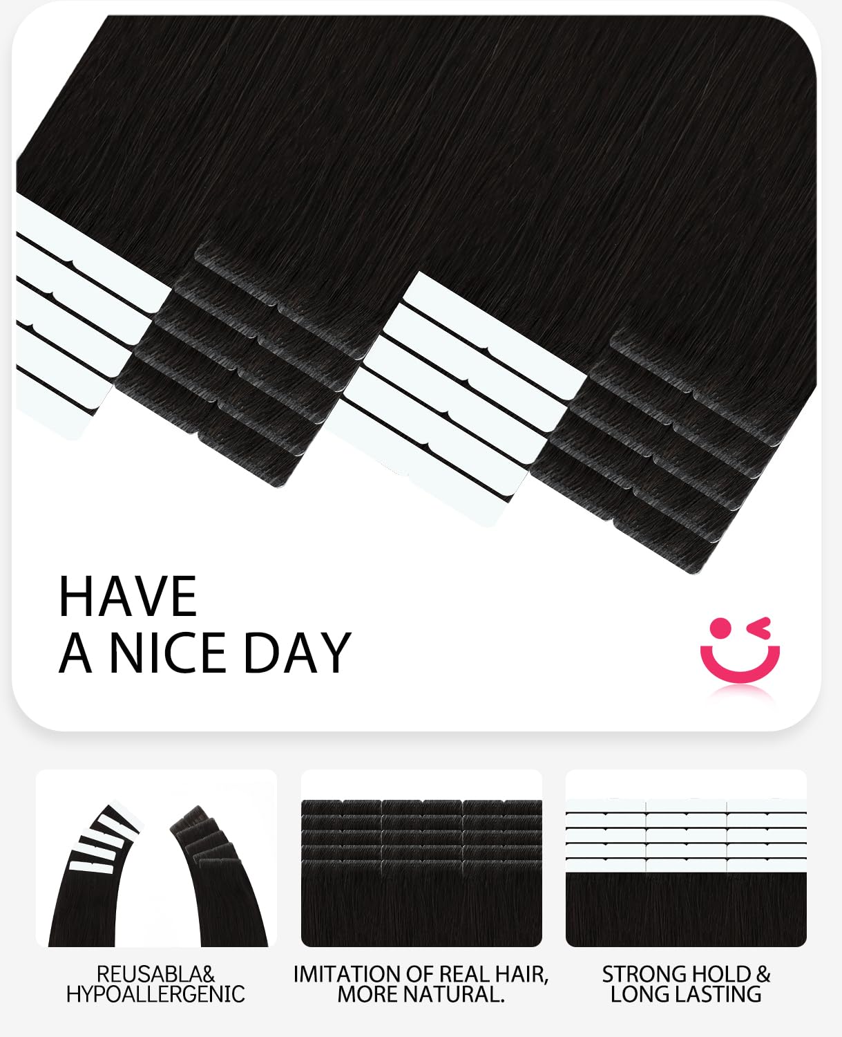 Youngsmile Invisible Tape Extensions Echthaar, 50cm 45g 20Stk, #1B Schwarz | Invisi Edge, Remy Echthaar, unsichtbarer Ansatz, natürlicher Look, seidig weich, langlebig, für den täglichen Gebrauch