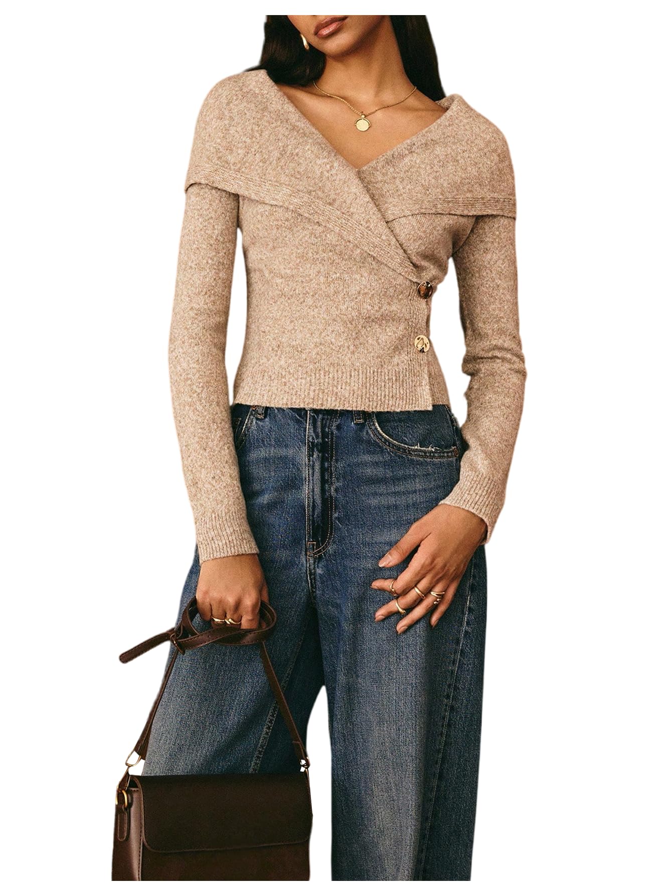 SweatyRocks Womens Wrap V Neck Long Sleeve Sweater Dressy Metallic Button Knitted Pullover Tops