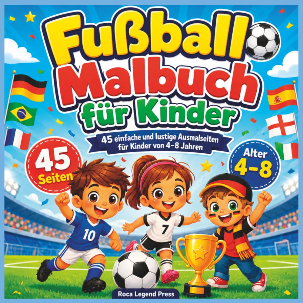 Fußball Malbuch für Kinder: 45 einfache und lustige Ausmalseiten für Kinder von 4–8 Jahren