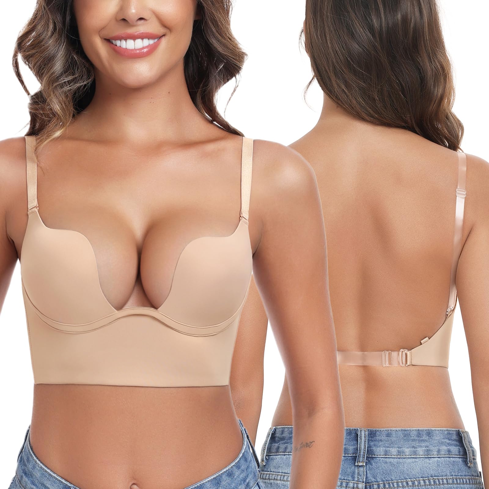 Lemorosy Damen Rückenfrei BH Tief U-Ausschnitt Push Up Bra mit Bügel Niedrigem Rücken Multiway-Träger