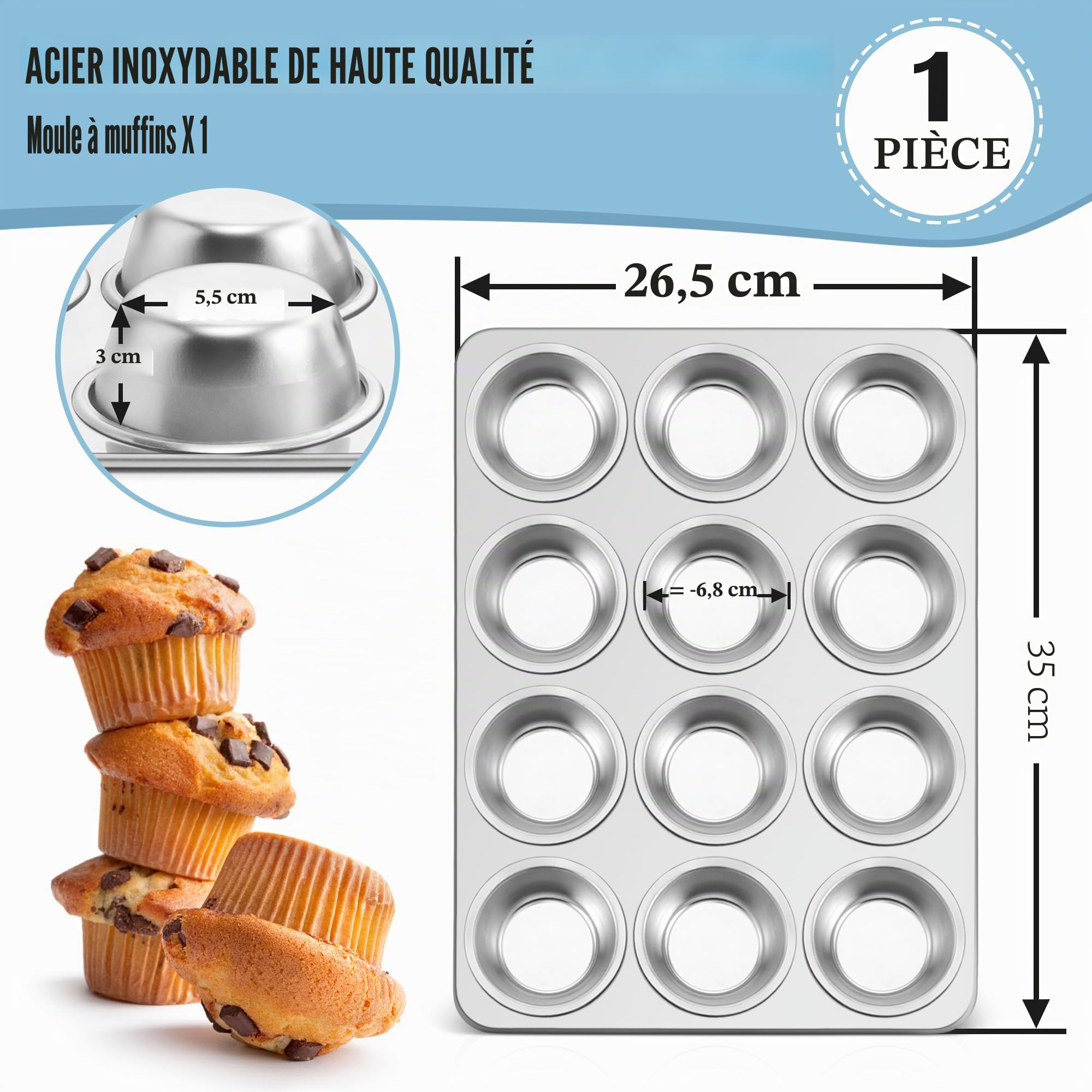 HaWare Moule à muffins en acier inoxydable pour 12 muffins, 35 x 26,5 cm, 3 cm de profondeur, grands moules à muffins pour cupcakes, brownies, gâteaux, pudding, non toxique et sain, passe au