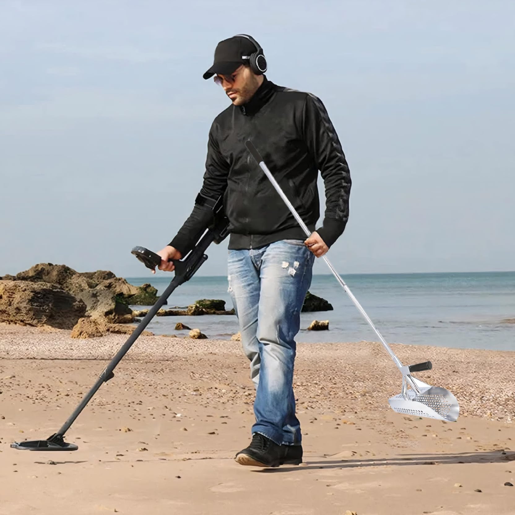 Pala de Arena para detección de Metales Pala de detección de Metales de Acero Inoxidable con Orificios en Forma y tamiz de Arena Resistente Desmontable de Mango Largo de 47 Pulgadas para la Playa, pa