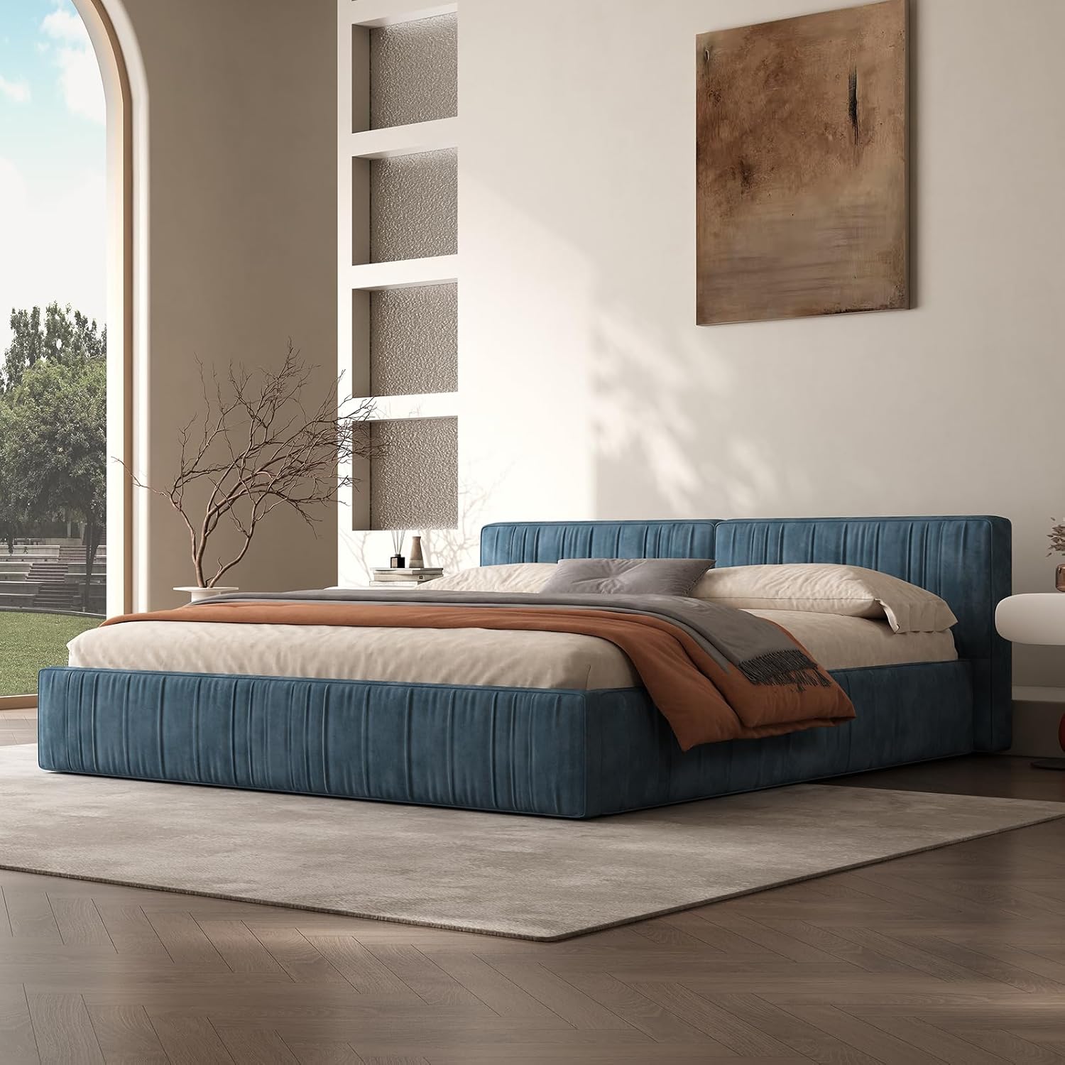 Queen Size Chenille Platform Bed with Thick Headboard and Footboard, Block Pleated Design Style, Wooden Structure Solid, Noise Free,No Box Spring Required (Blue, Queen (U.S. Standard))