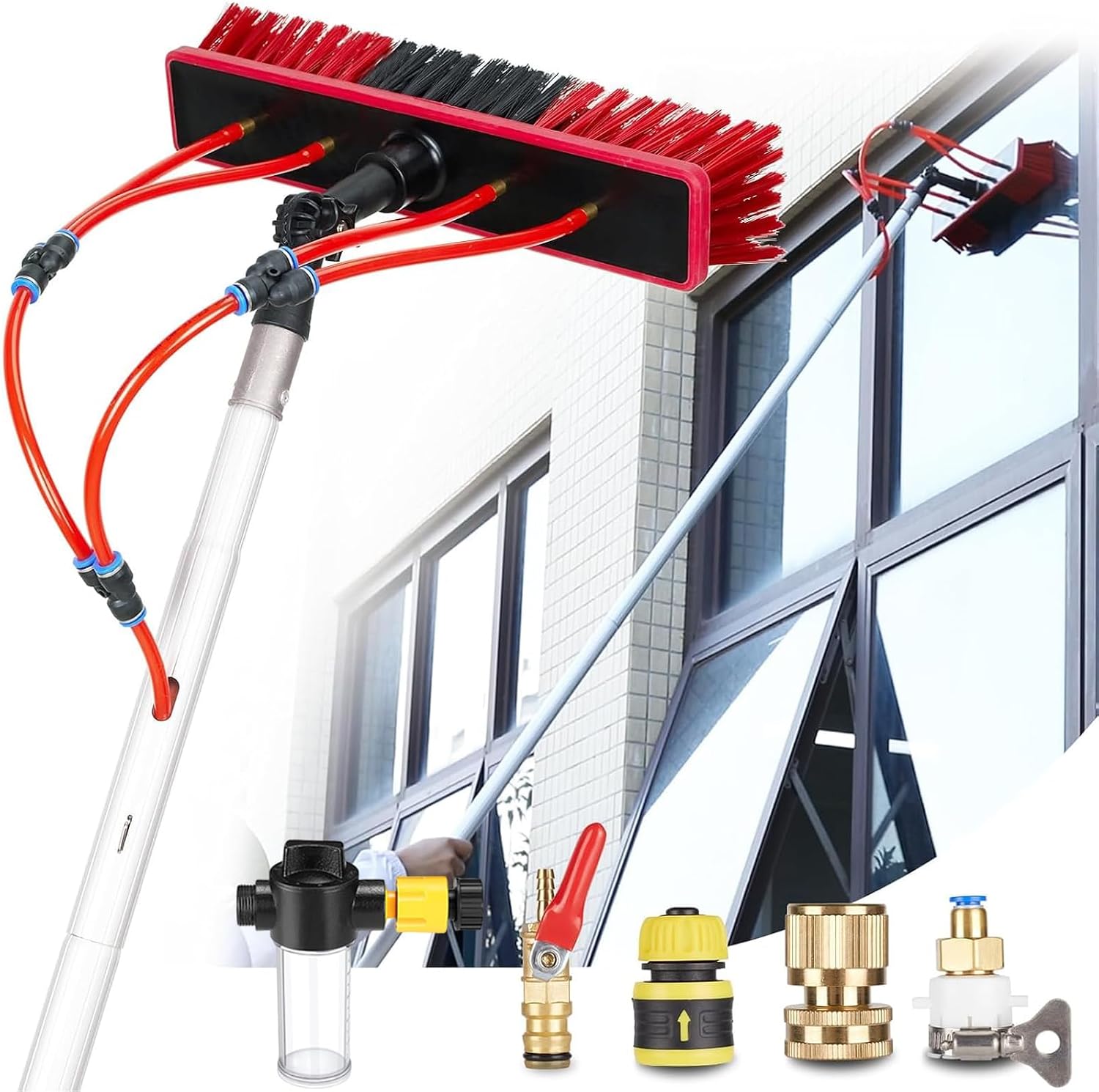 Window Cleaning Brush, 3-16 Meters Pole Washing Kit, with Water-fed Brush,Soap Dispenser & 20m Hose,Water Fed Window Cleaning Pole Aluminium, Cleaner for Solar Panels 55cm Brush,5m