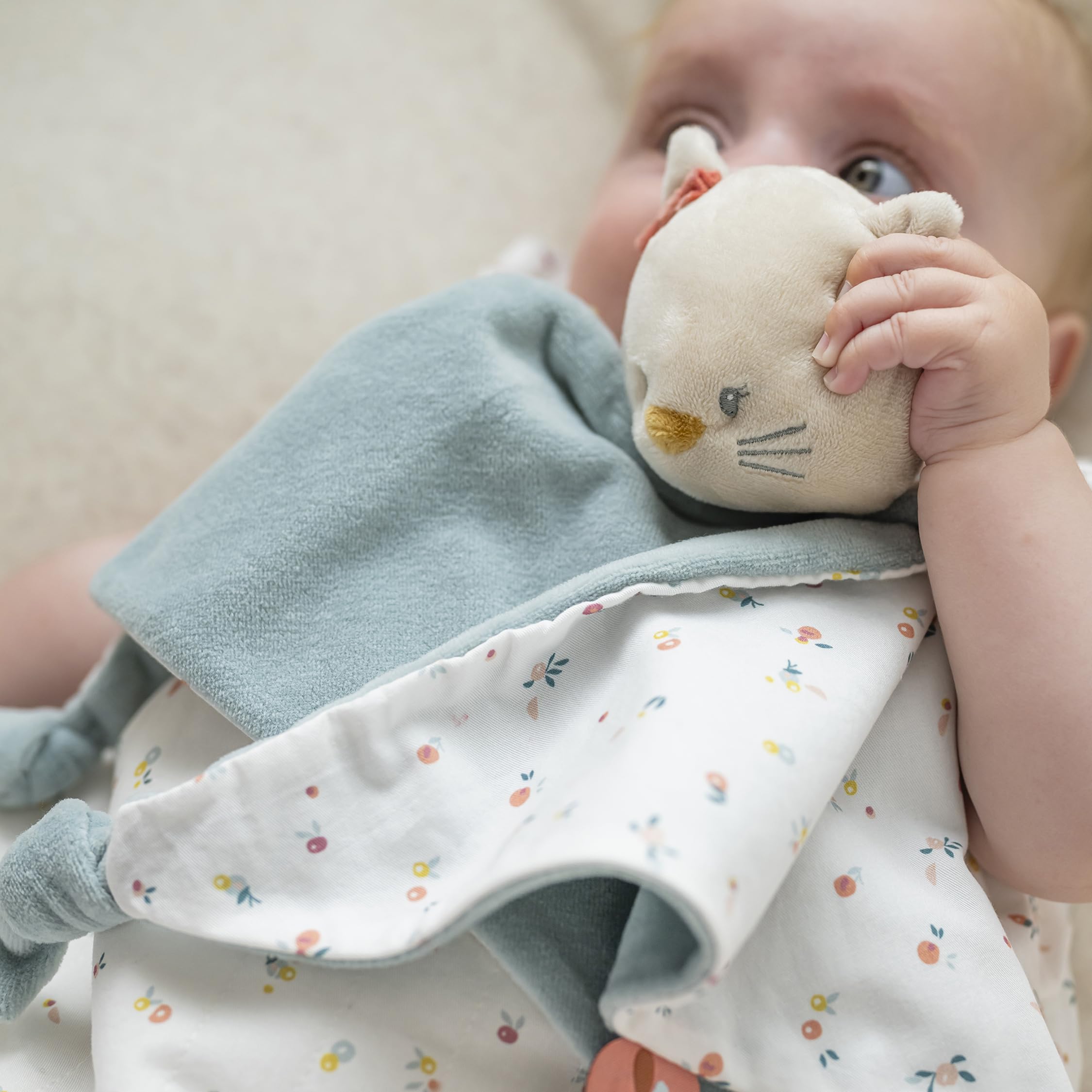 Nattou Maxi-Doudou Plat en Coton et Velours, Doudou Lana la Chatte, Compagnon de Route dès la Naissance, env. 65 x 40 cm, Mila, Zoë et Lana, Bleu Clair