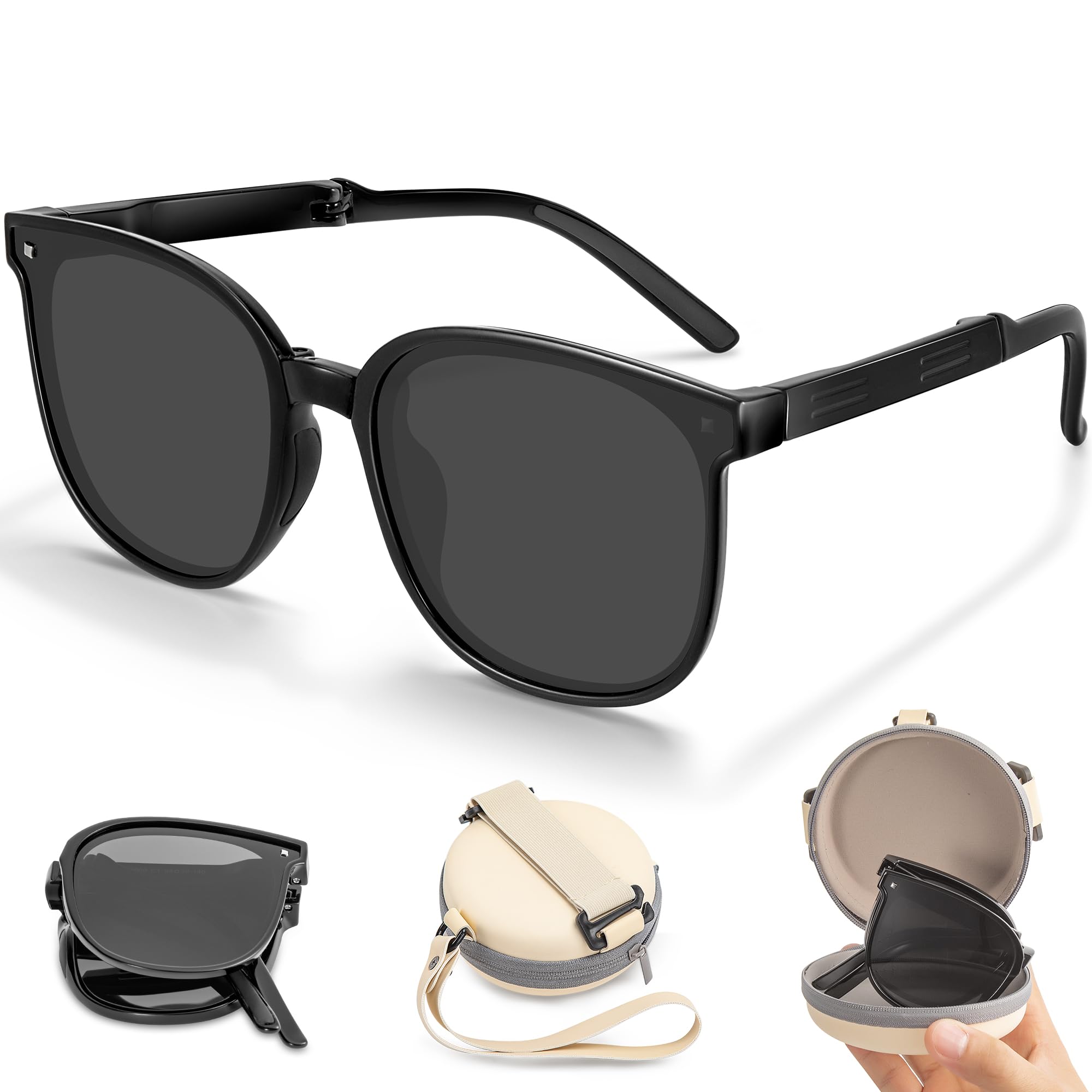 Polarized Sunglasses for Men Women, UV380 Sun Protection Folding Square Frame Fashion Sun Glasses for Driving Fishing Travel