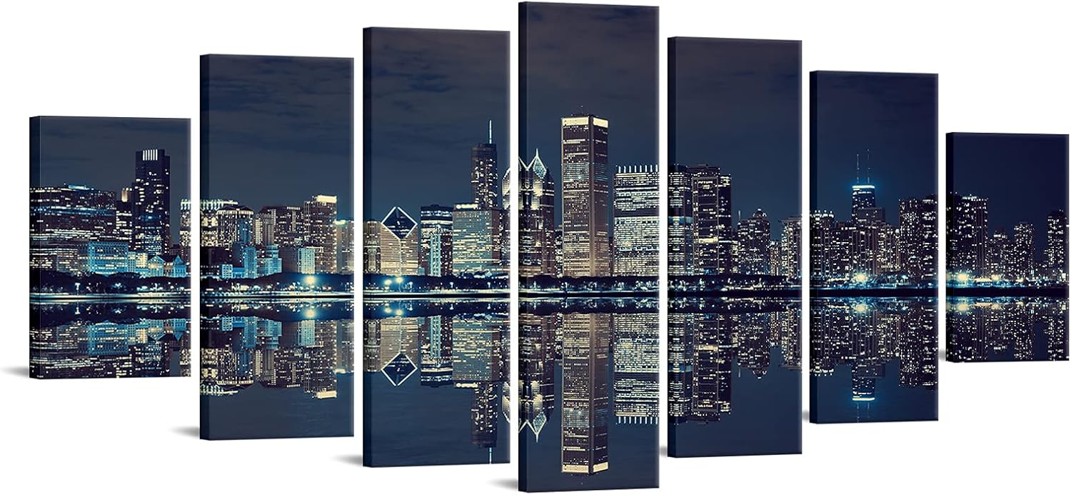 7 Panel Extra Large Chicago Skyline Canvas Wall Art Print Modern Cityscape Commercial Downtown Painting City Pictures for Home Decor Framed Artwork Office Living Room Wall Decoration