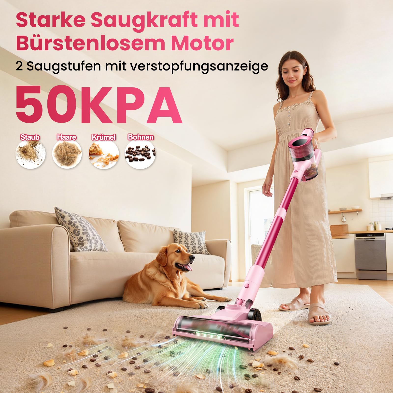 Aspiradora inalámbrica, Escoba eléctrica inalámbrica de 45 KPa 50 Minutos con Pantalla autoportante, Pantalla LED Inteligente, aspiradora Recargable Ligera, sin enredos, Potente