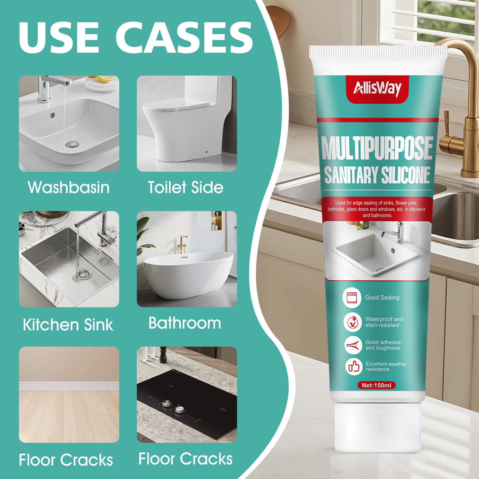 150ml Silicone Trasparente Sigillante, Silicone Bagno,Sigillante Impermeabile, Adatto per Lavelli da Cucina, Bagni, WC e Bordi Piscina, Trasparente