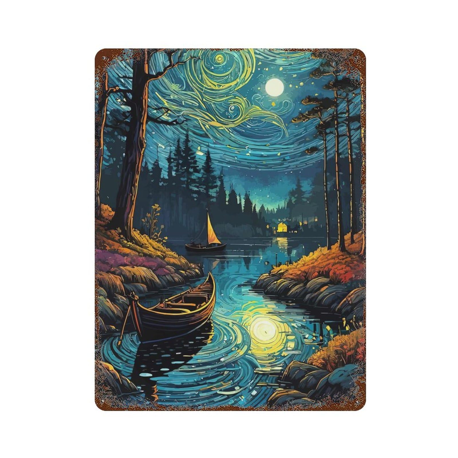 Starry Night Lake Rusty Metal Tin Sign 15.7"x11.8", Ideal for Pub, Kitchen And Man Cave Decor