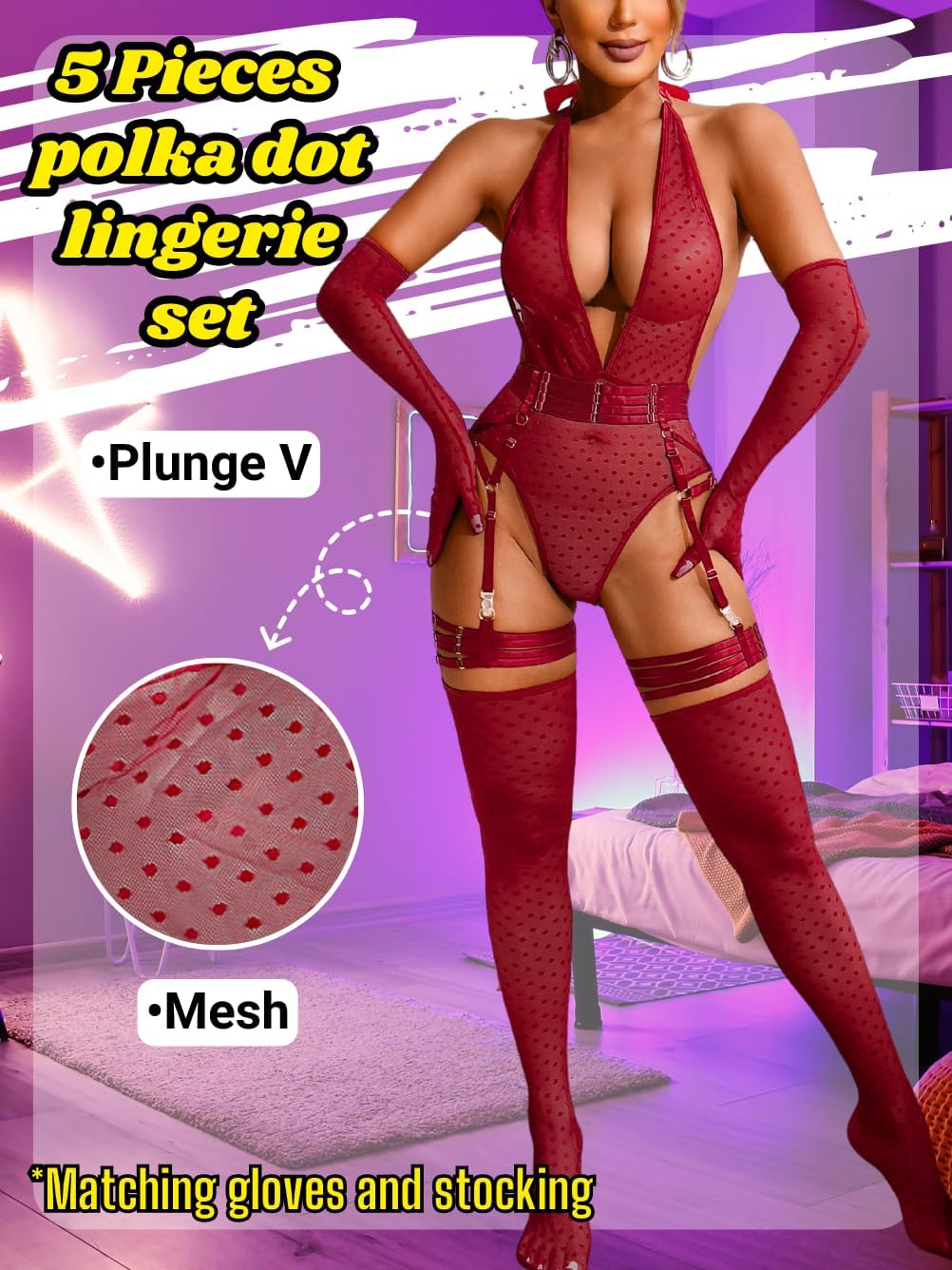 ChiaoLezhee Sheer Mesh Bodysuit, Sexy 5PC Lingerie For Women, Plunge Neck Halter Backless, Garter Belt Thigh High Stockings