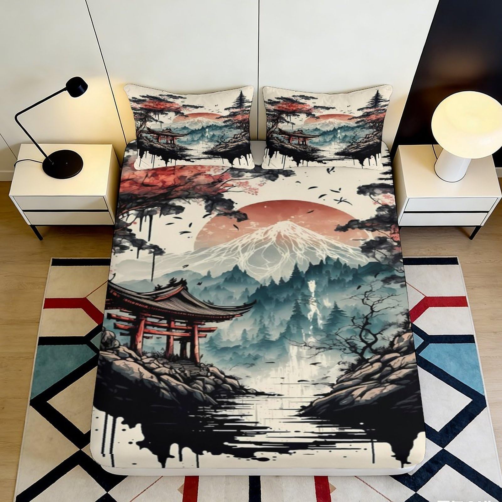 3D Printed Japanese Landscape Fitted Sheet Microfiber Soft Breathable Sunrise Mountain Mattress Cover Bedroom Decor 90x200x25cm