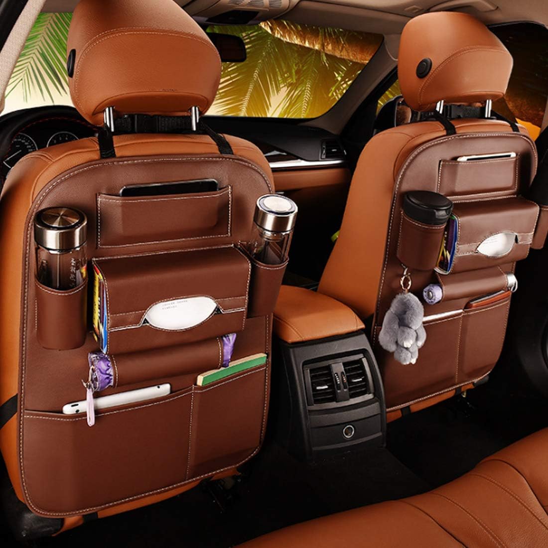 Pu Leather Car Seat Back Organizer and Tablet Holder - Universal Use as Car Backseat Organizer for Kids, Storage Bottles, Tissue Box, Toys (Brown, Upgrade 2 Pack)