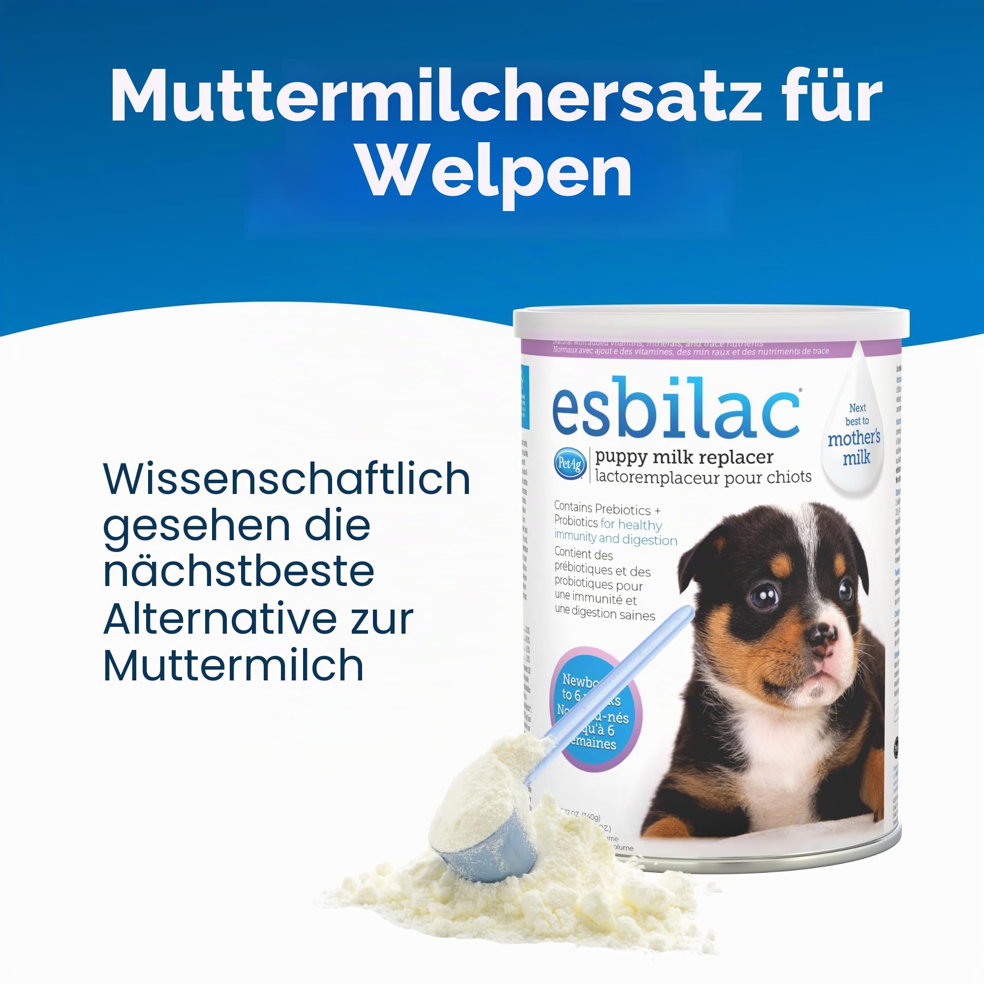 PetAg Esbilac Welpenmilchersatz-Pulver, 340 ml, gepuderte Welpenformel mit Präbiotika, Probiotika und Vitaminen für Welpen, Neugeborene bis sechs Wochen, leicht verdaulich