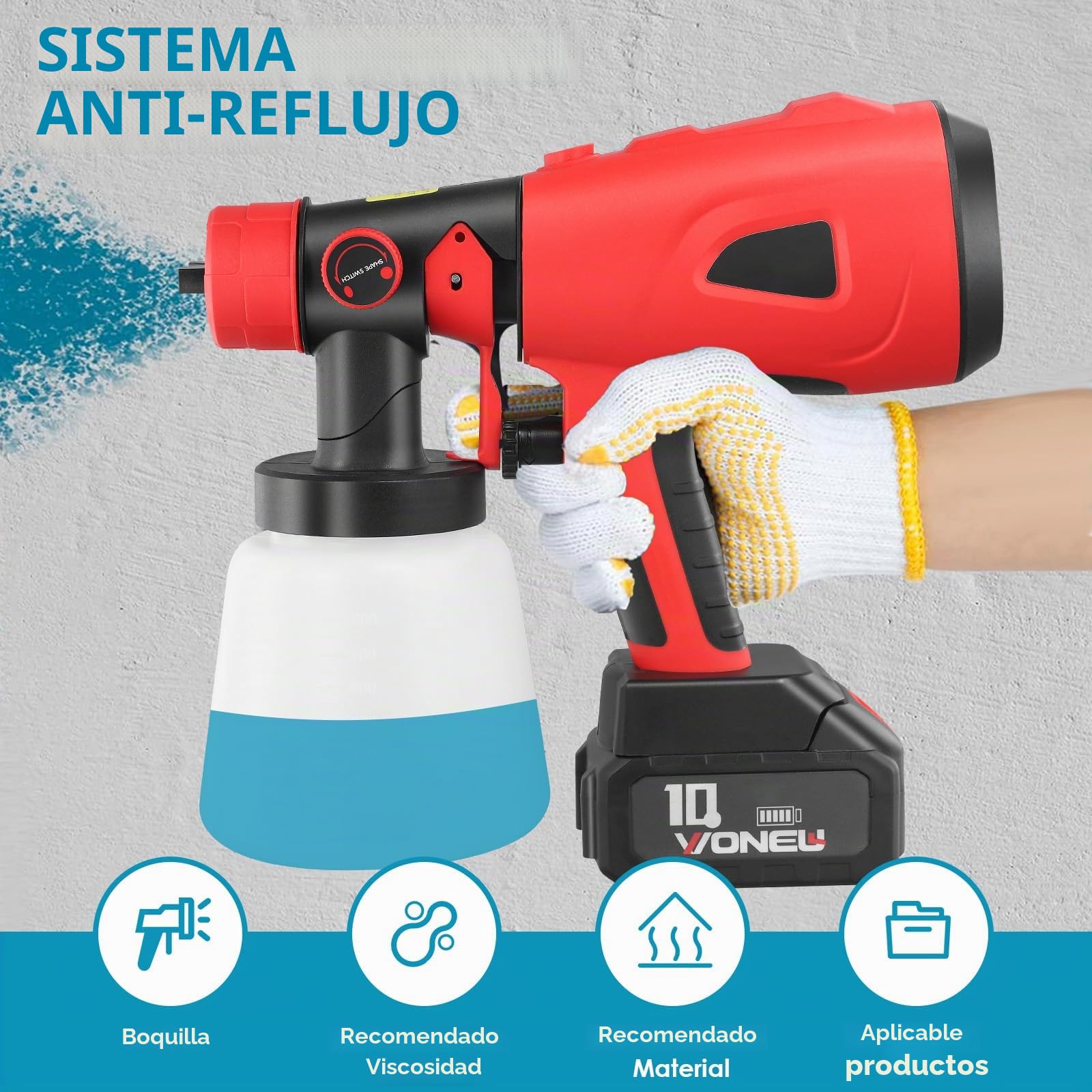 Sistema de pulverización de Pintura con 2 x 2600 mAh 21V Batería y Cargador, 850 W, 5 boquillas, 2 Recipiente de Pintura de 800 ml, 3 Patrones de pulverización, para Paredes, Techos, Vallas