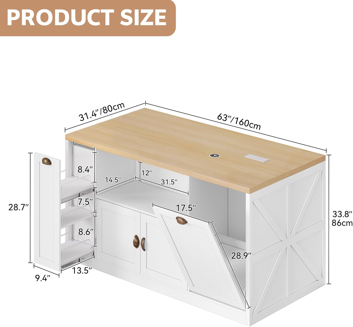 Kitchen Island with Storage, 63" W Large Island Table with Trash Can, Farmhouse Kitchen Islands with Power Outlet/LED, Rolling Cart with Spice Rack for Dining Room, White