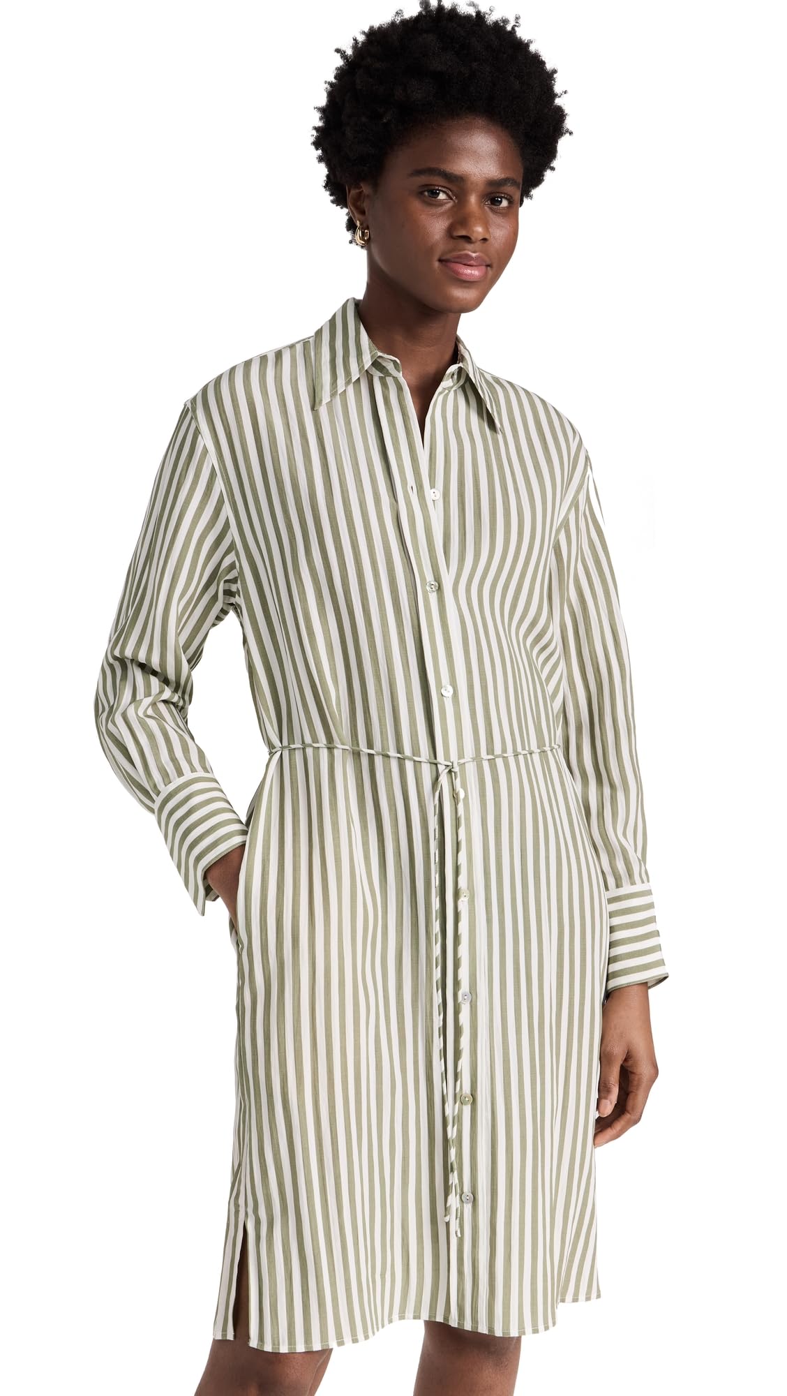 Vince Womens Coast Stripe Short Shirt Dress, SEA Fern/Optic White