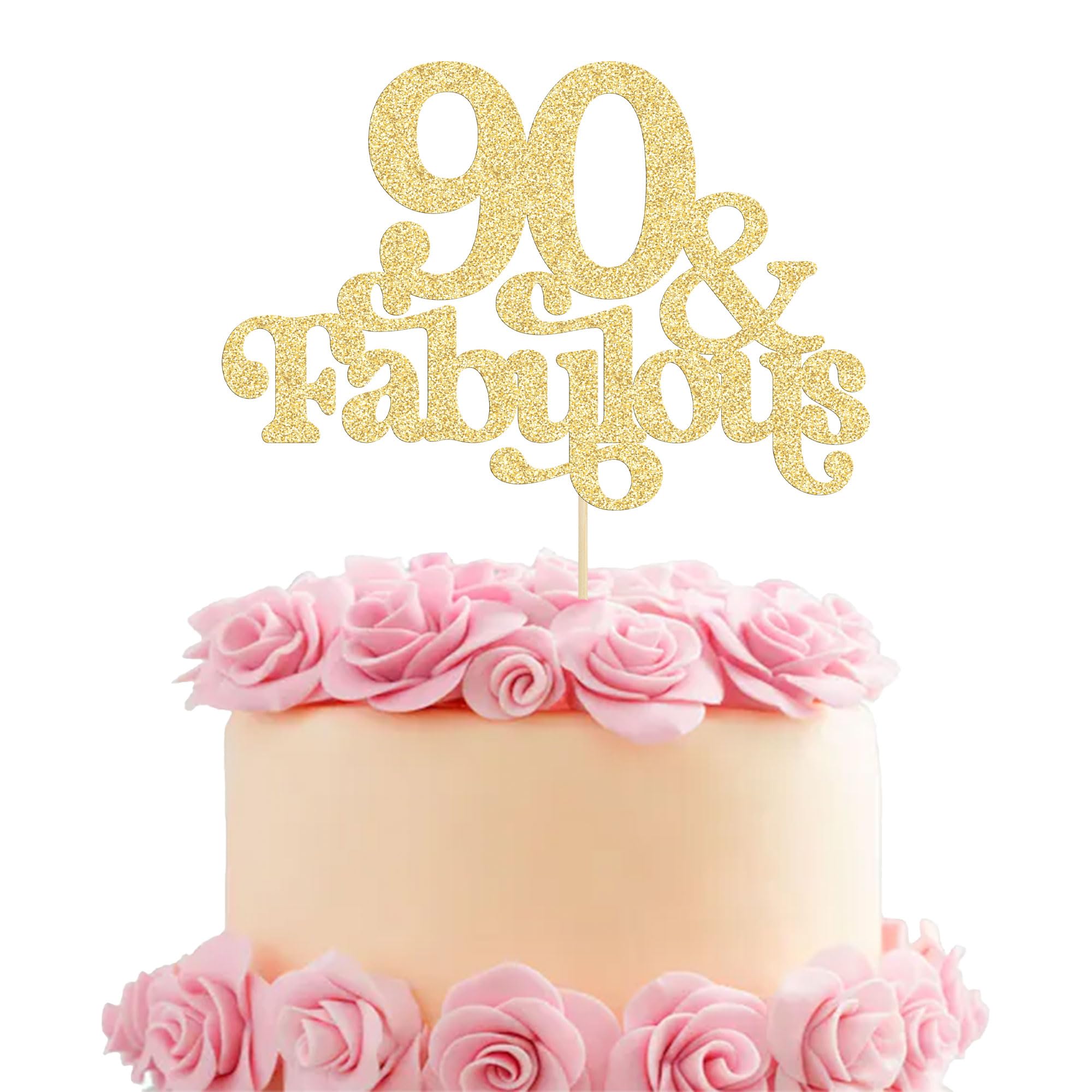 Ephlyn 1Pc 90 & Fabulous Cake Topper Glitter Ninety and Fabulous Cake Toppers Happy 90th Birthday Cake Pick for 90th Wedding Anniversary Birthday Party Decorations Supplies Gold